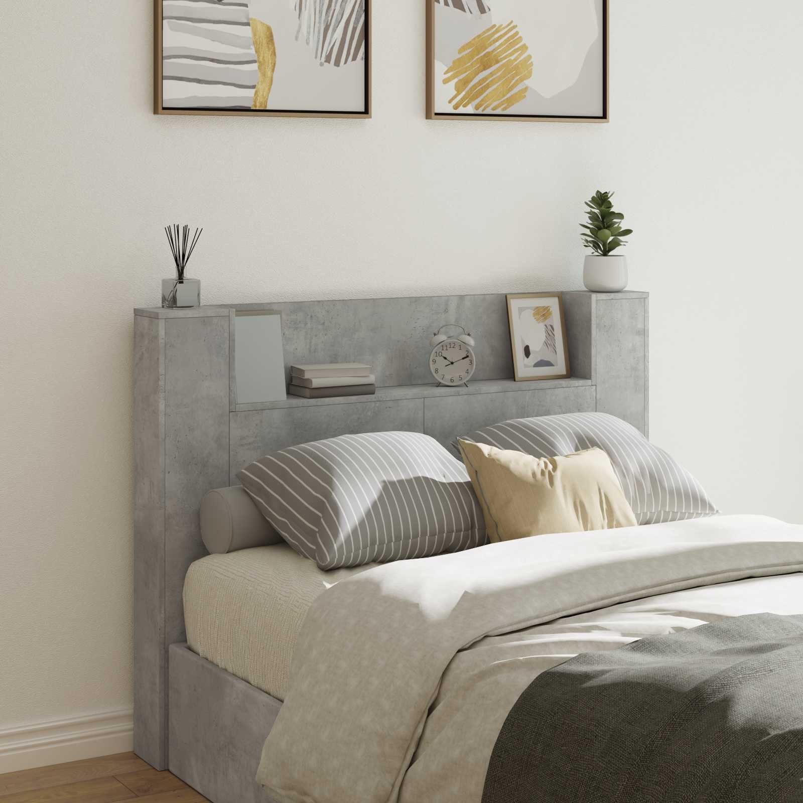 Walplus Wood LED Storage Headboard - Granite Grey - 140 x 16.5 x 103.5 cm