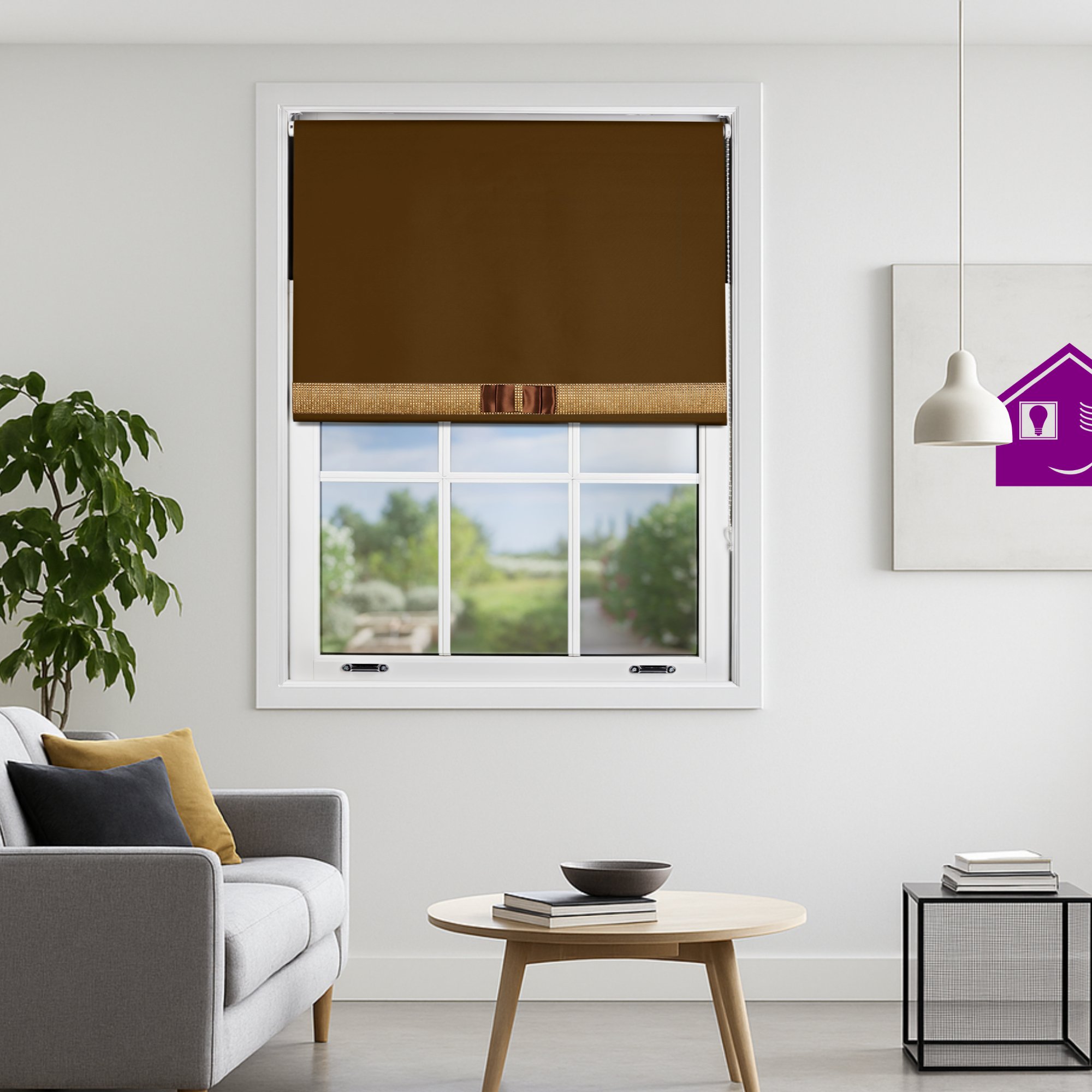 Furnished Brown Blackout Roller Blind Diamante Strip and Bow - 60 x 165cm