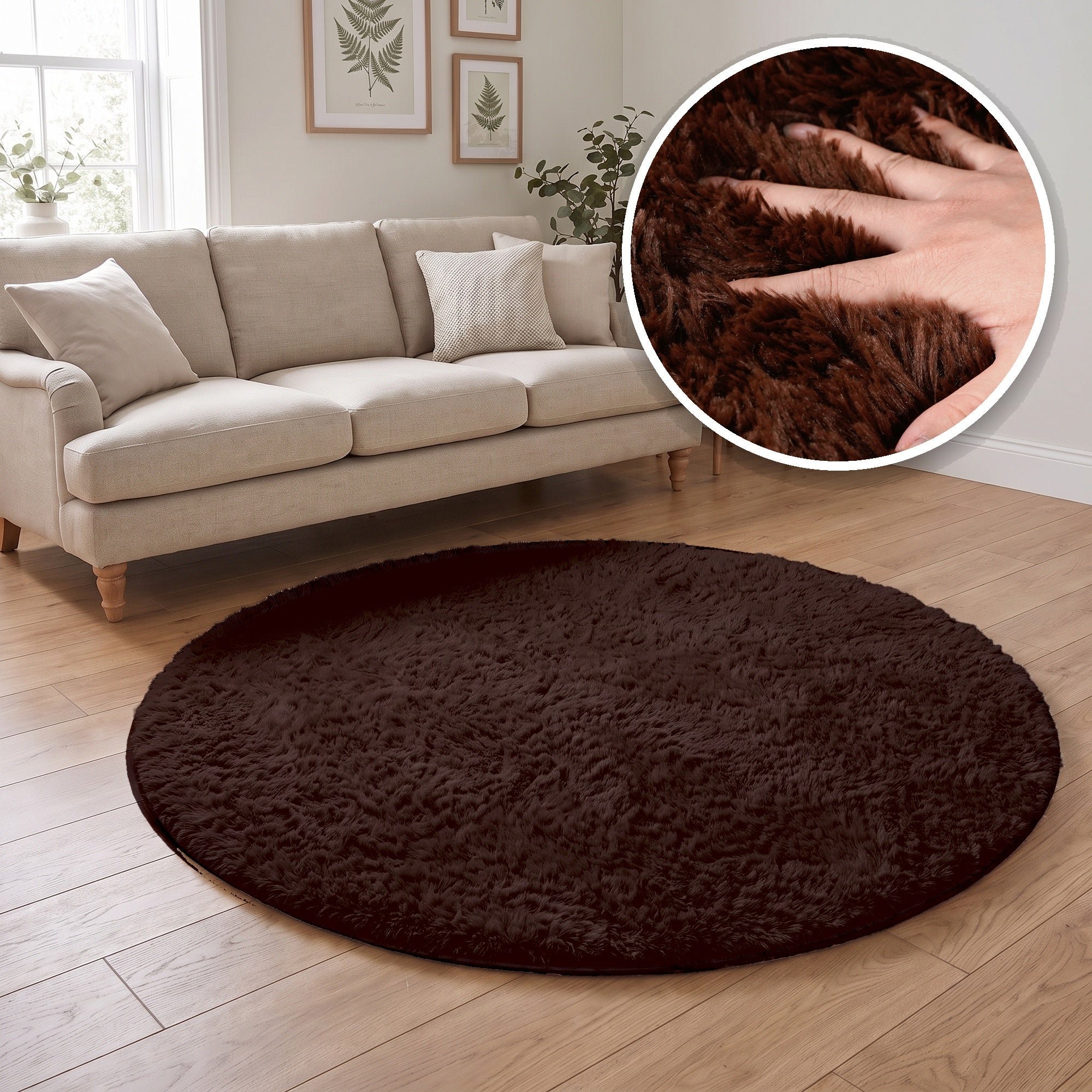 The Rugs Brown Lush Plain Washable Non Slip Shaggy Round Rug - 80cm