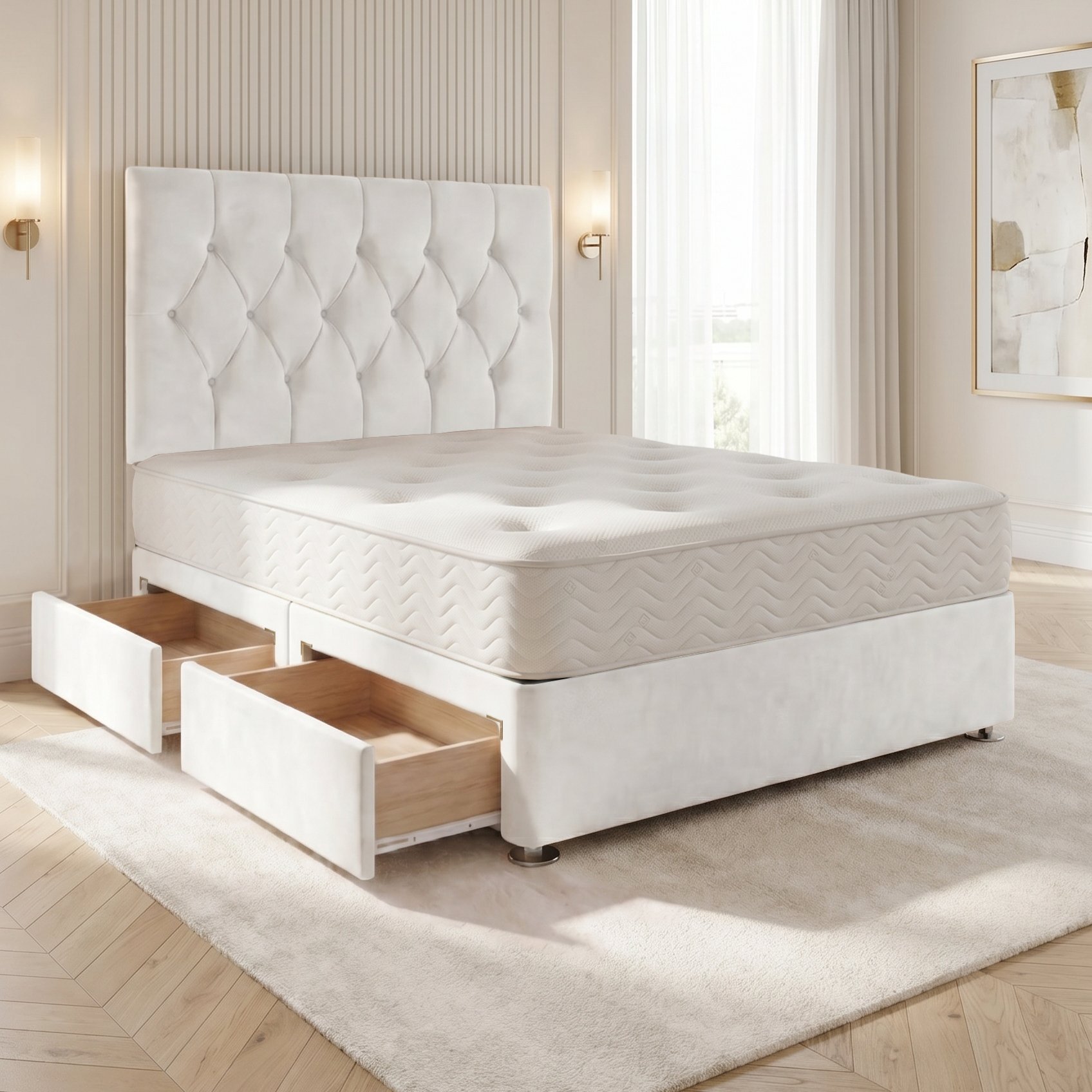 Somnior Chester Velvet Small Single 2 Draw Open Coil Divan Bed Set - White