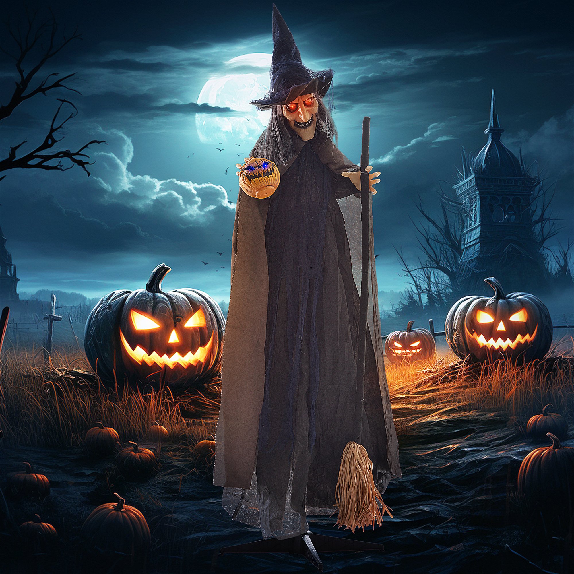 HOMCOM 6.2ft Animated Halloween Standing Witch with Broom Decoration