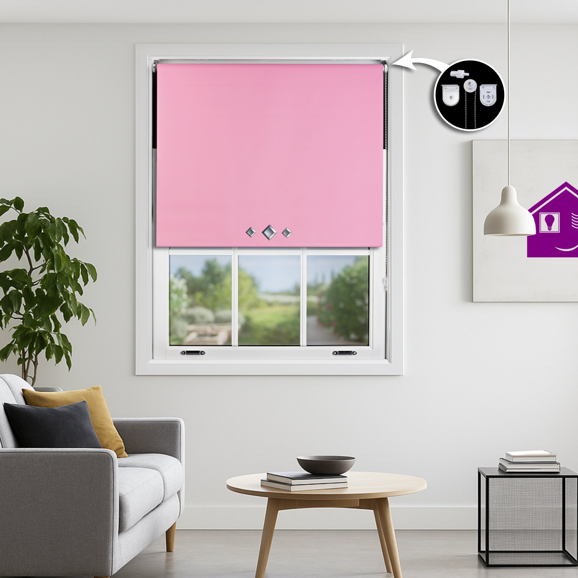 Furnished Pink Blackout Roller Blind Diamond Eyelets - 55 x 165cm