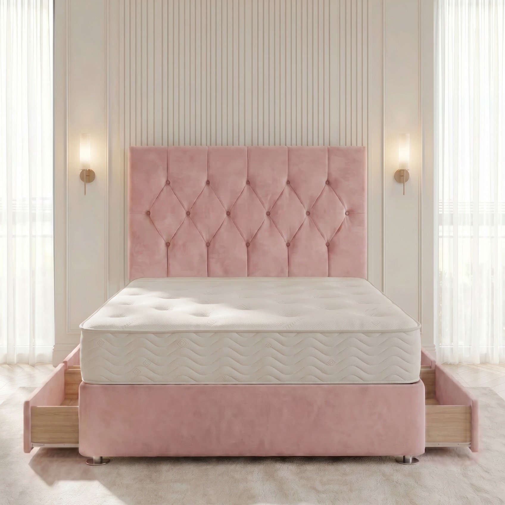 Somnior Chester Velvet Small Double 4 Draw Open Coil Divan Bed Set - Pink