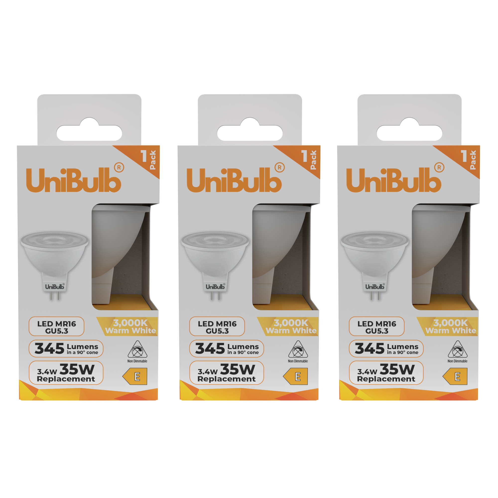 UniBulb 3.4W LED Warm White Spotlight GU5.3 Light Bulb - Pack of 3
