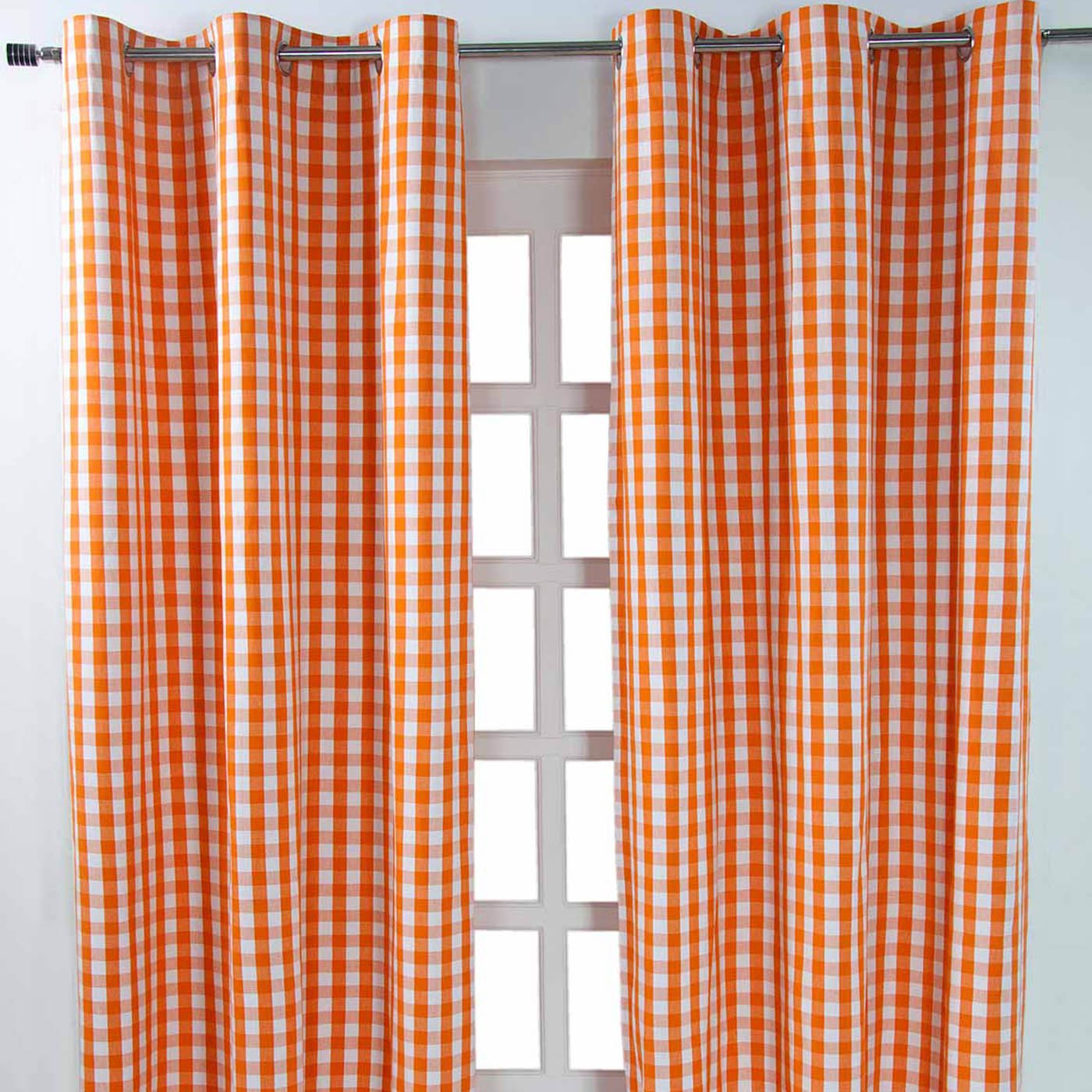 Homescapes Orange Cotton Block Check Gingham Eyelet Curtains - 137cm x 228cm