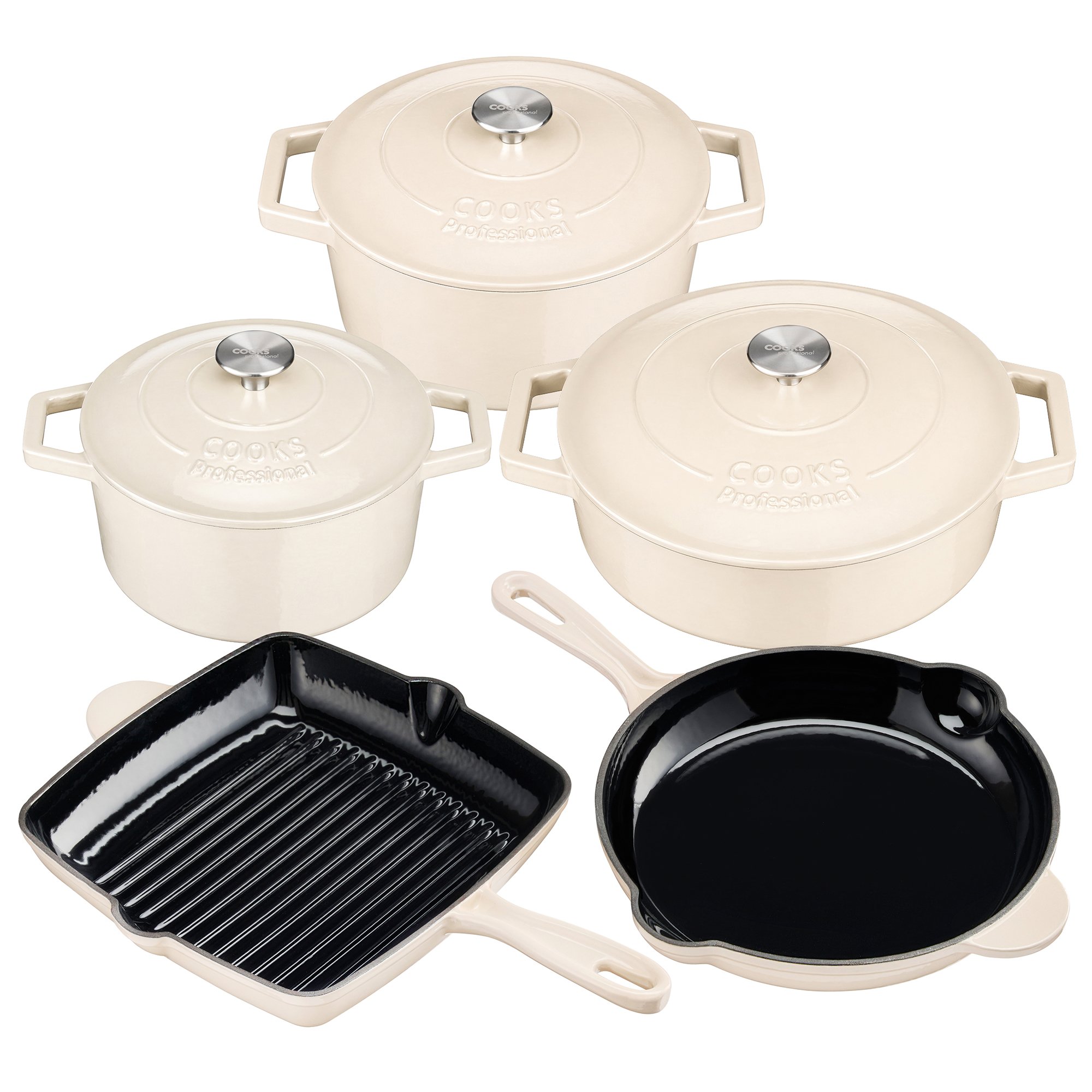 Cooks Professional 5pc Cast Iron Casserole, Frying Pan & Skillet Set - Ivory