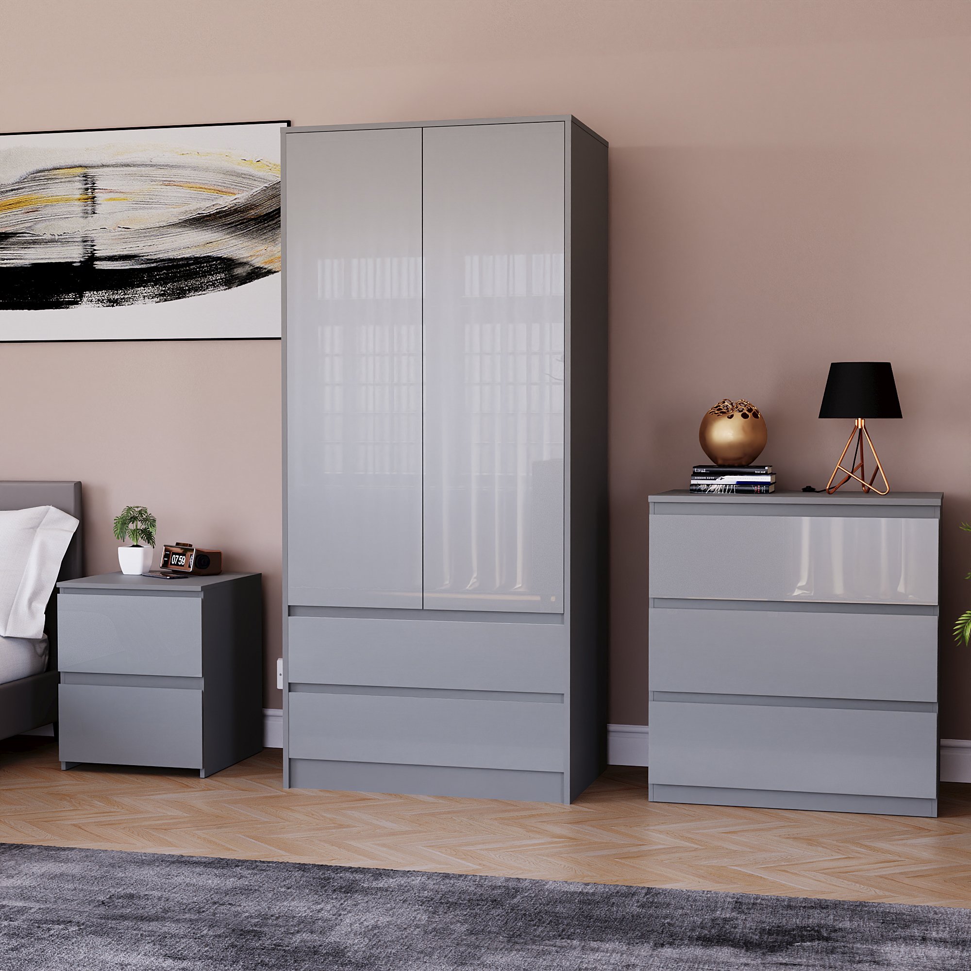 Vida Designs Glinton Bedroom Set (Bedside, 3 Drawer Chest, 2x2 Wardrobe) - Grey