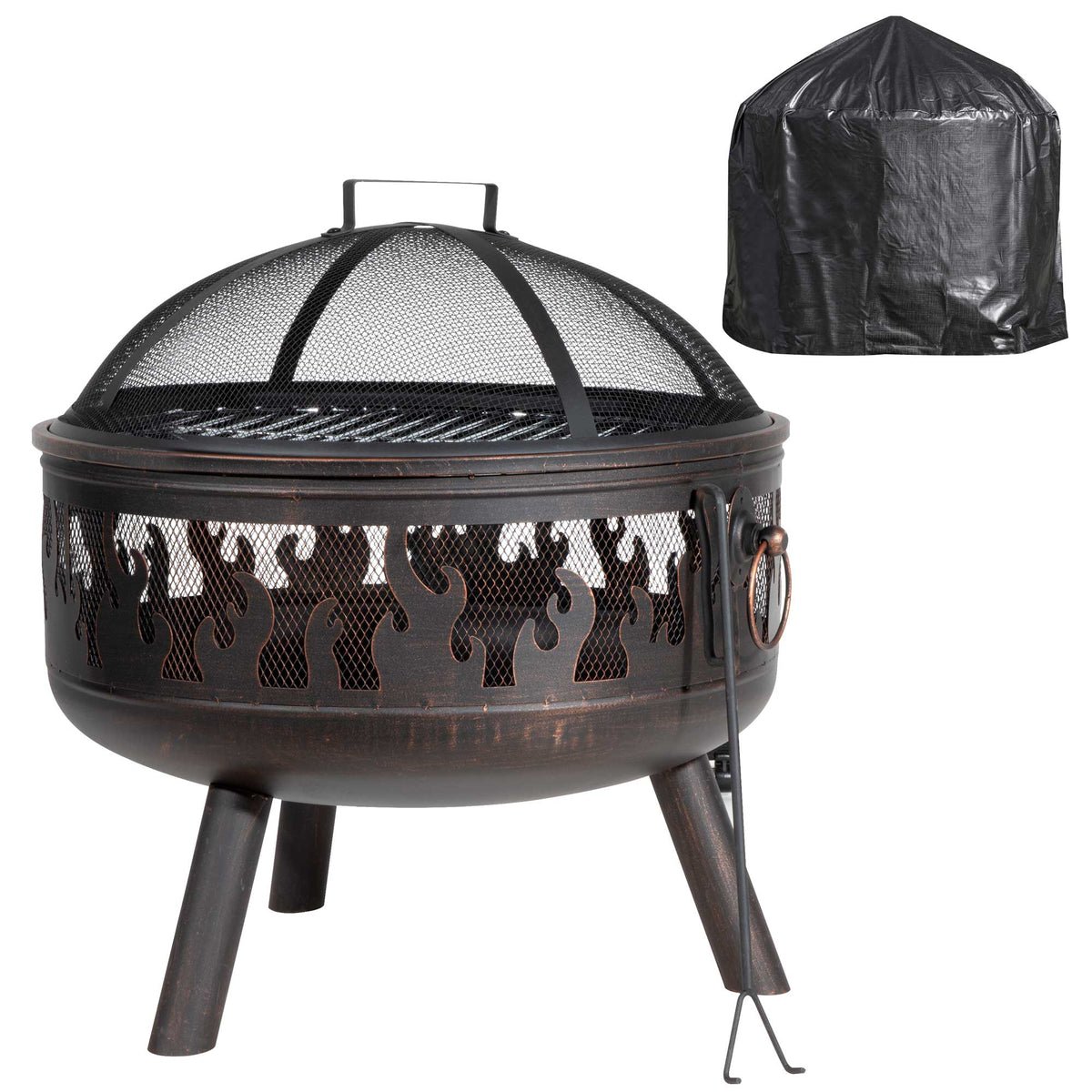 Dellonda Deluxe 2-in-1 Fire Pit, Safety Screen, Poker & Cover - Black
