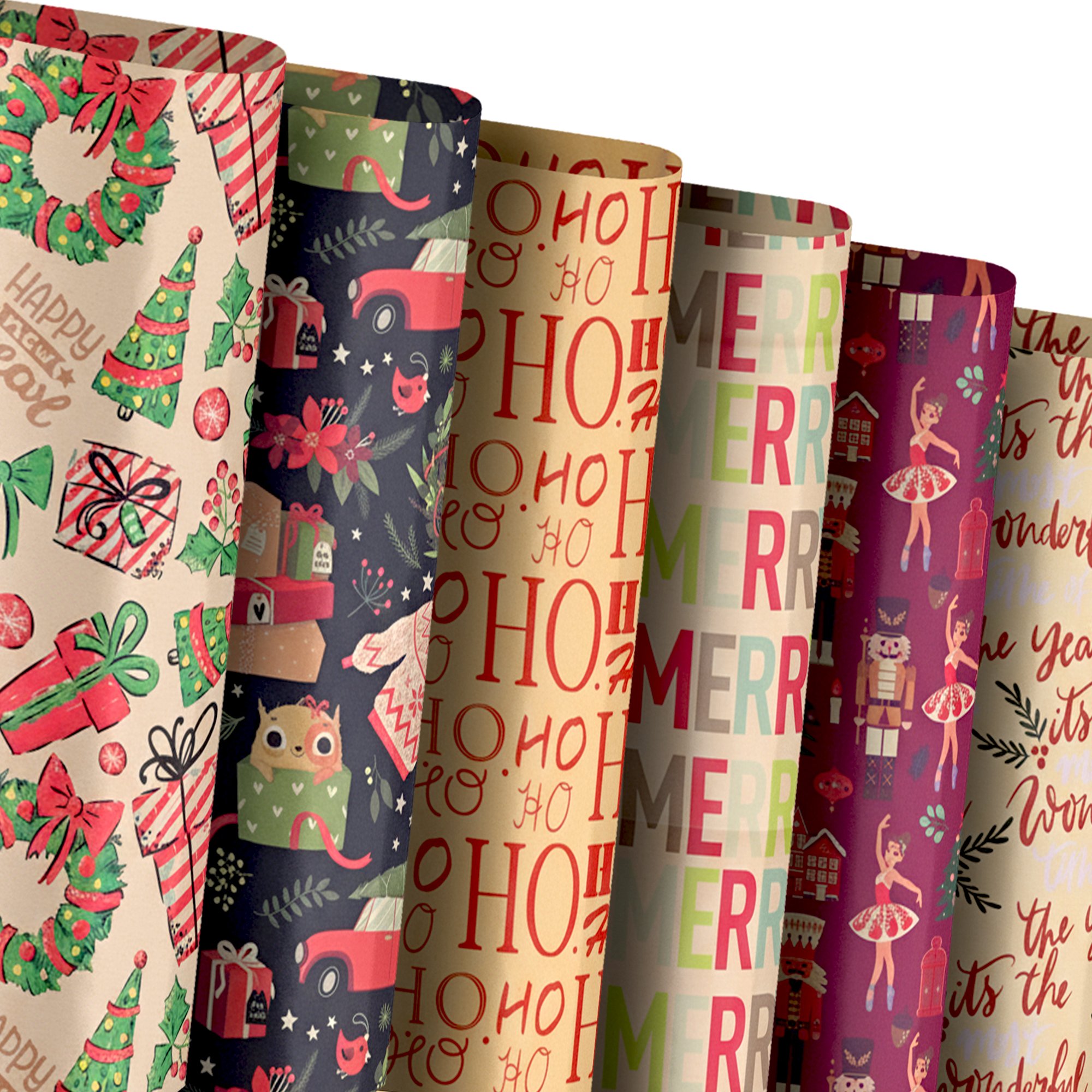 Kraft & Co 12 Christmas Kraft Wrapping Paper Sheets with Tags and Twine - Buzz