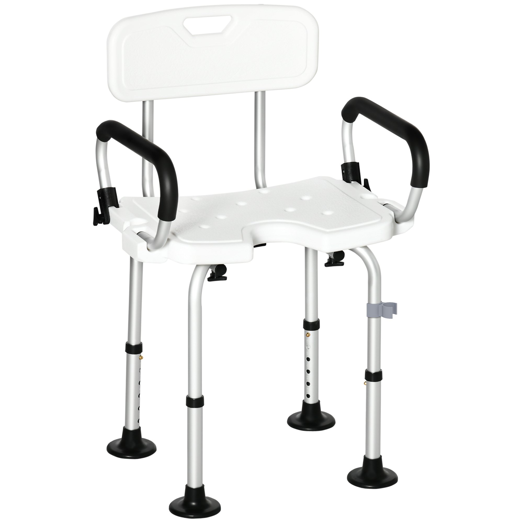 HOMCOM Height Adjustable Shower Chair with Back and Flipped Padded Arms - White