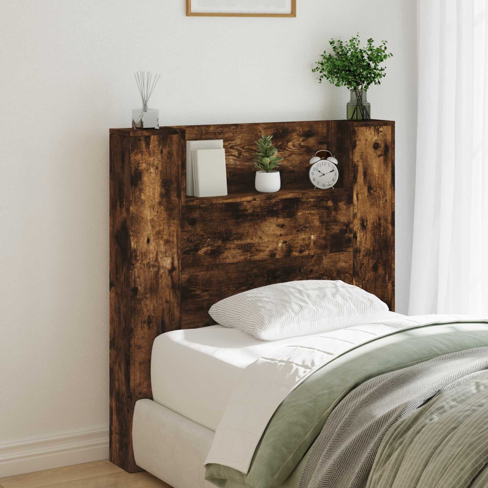 Walplus Wood LED Storage Headboard - Dark Oak - 100 x 16.5 x 103.5 cm