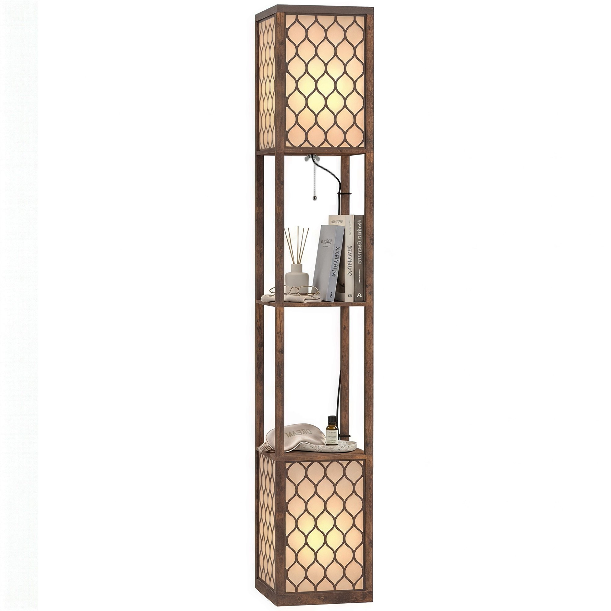 HOMCOM Fabric Floor Lamp with Shelves and Zipper Switch - Rustic Brown