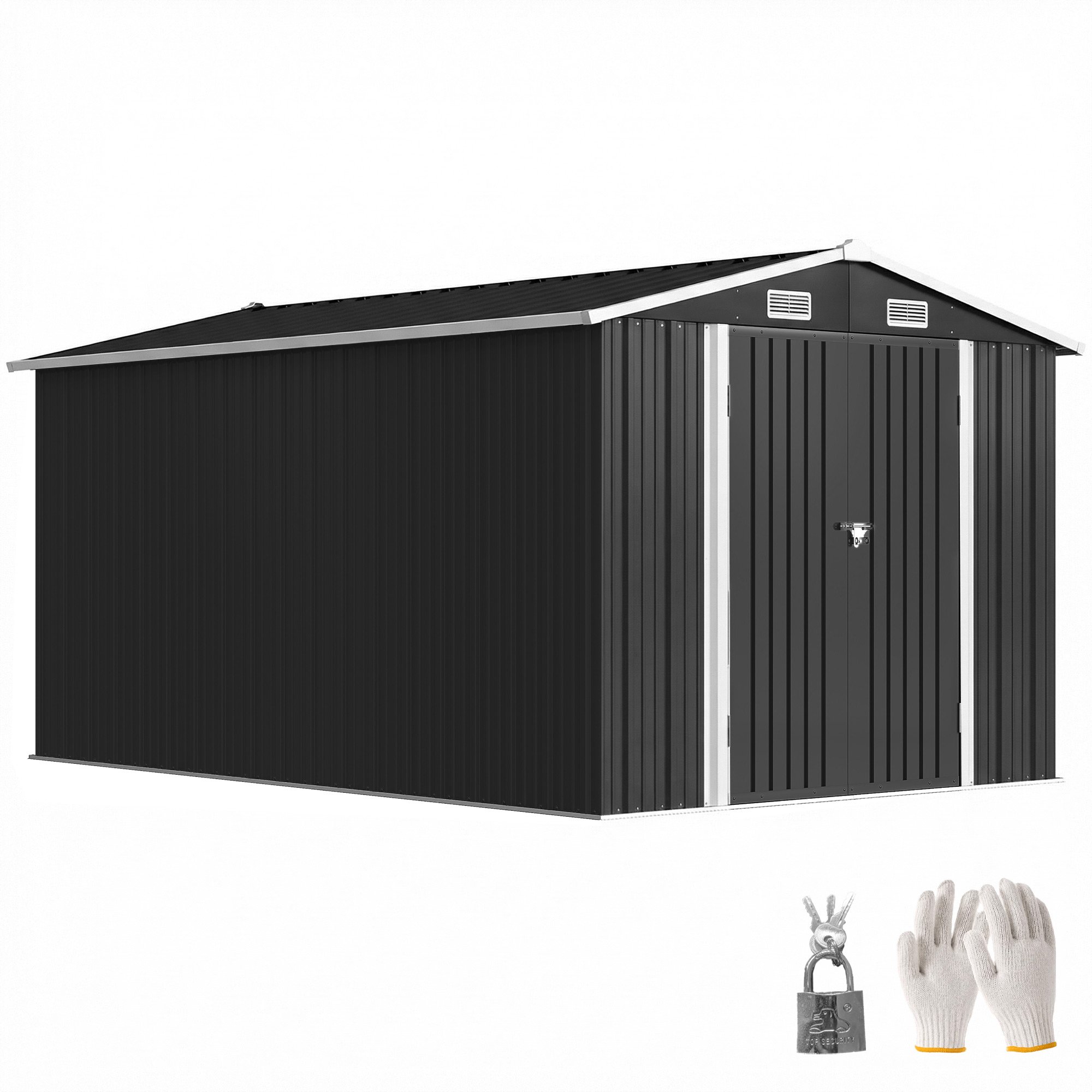 Outsunny 12 x 8ft Galvanised Steel 4 Vents Lockable Garden Shed – Dark Grey