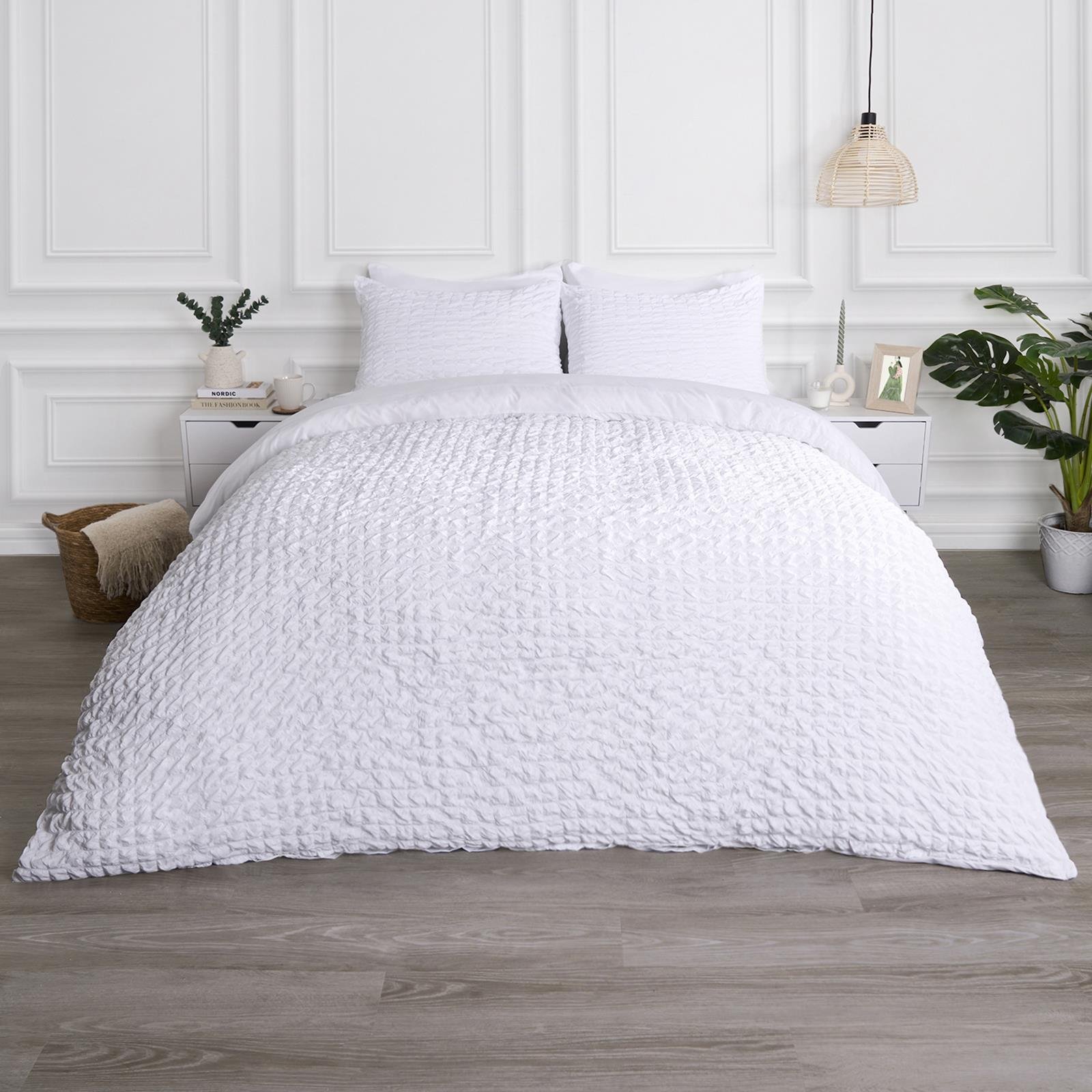 OHS Seersucker Duvet Cover Set Geo White - Super King