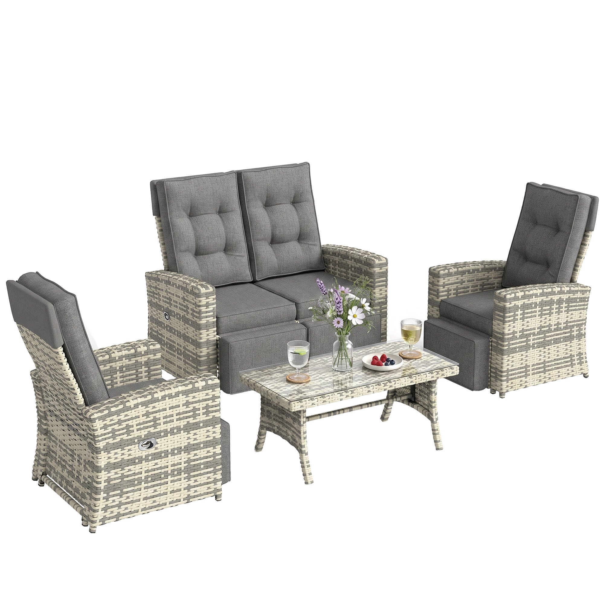 Outsunny 4 Piece Rattan Adjustable Reclining Furniture Set - Light Grey