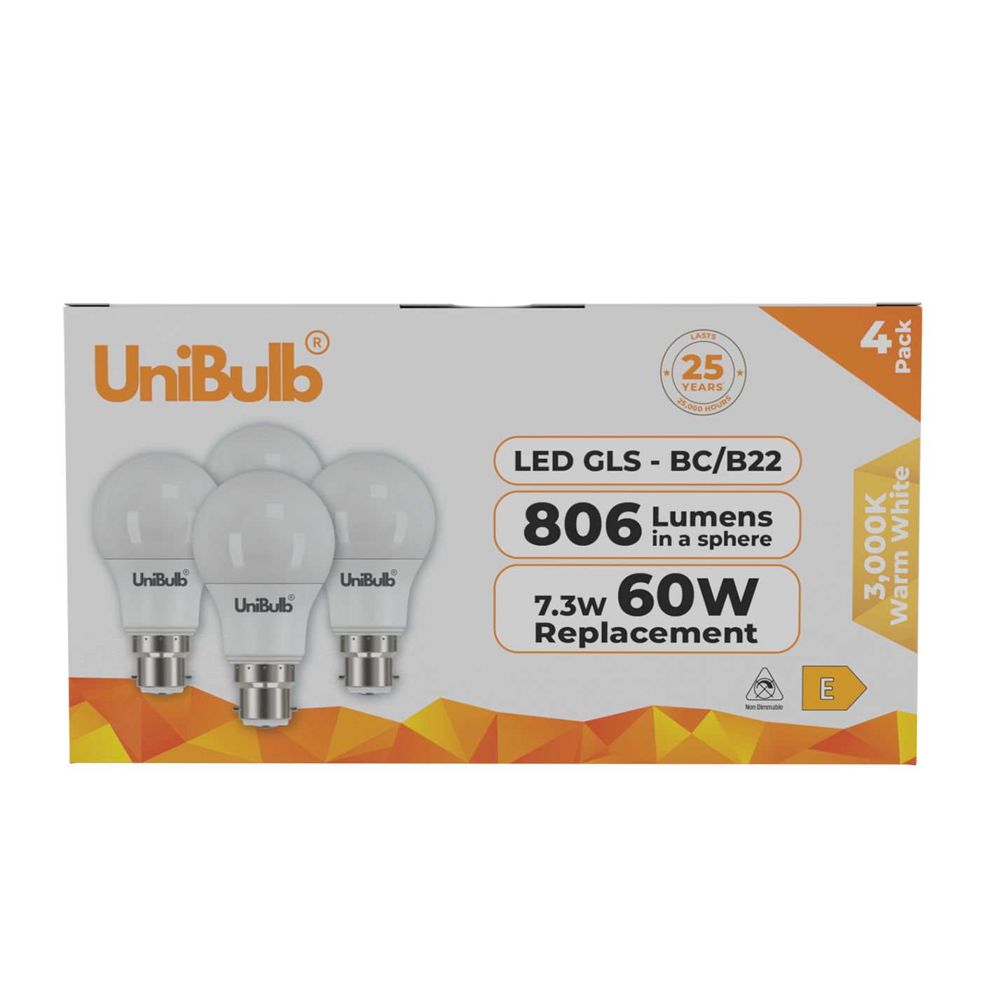 UniBulb 7.3W LED Warm White GLS B22 Light Bulb - 4 Pack