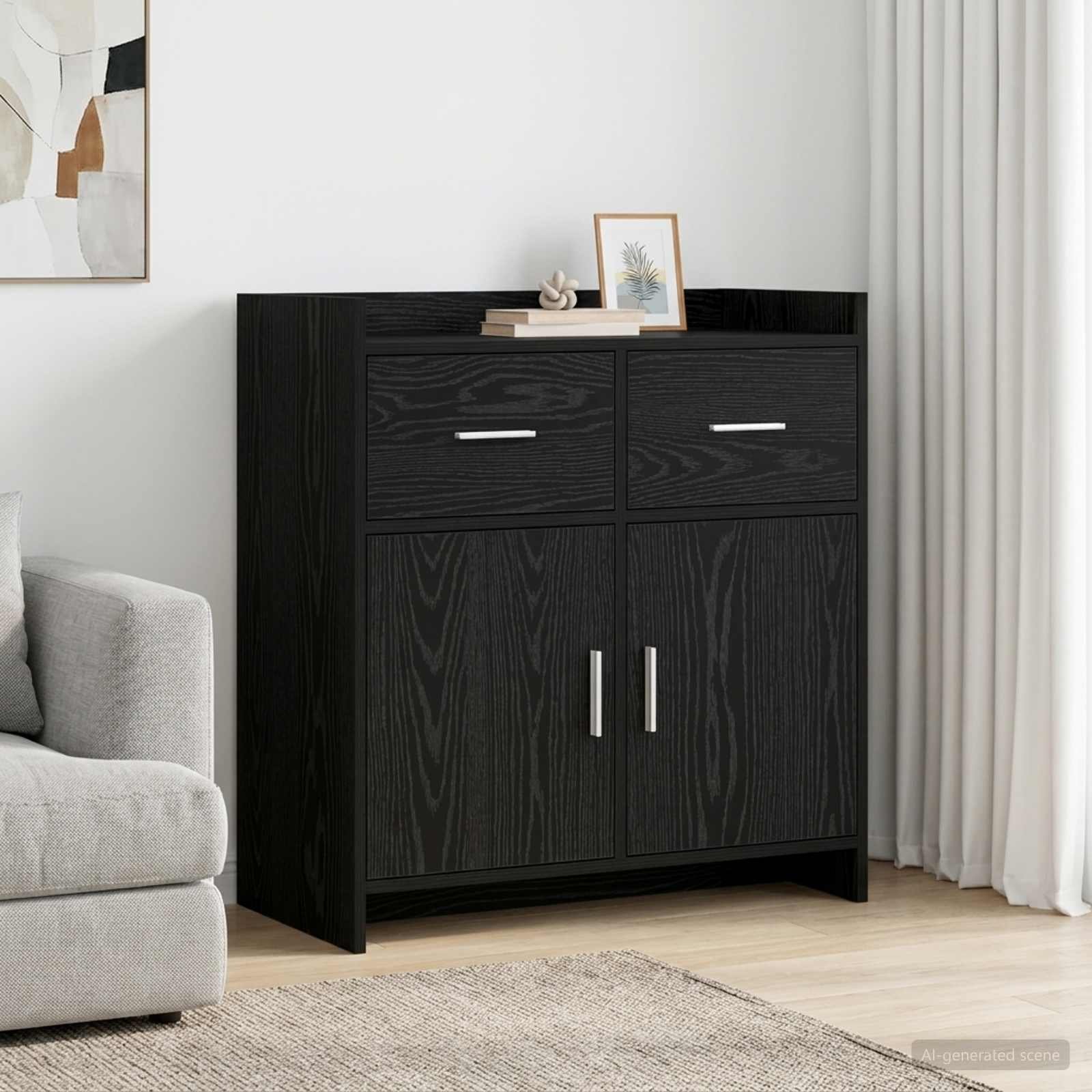 Walplus 2 Drawer Rectangular Sideboard - Black Oak - 75 x 36 x 80 cm