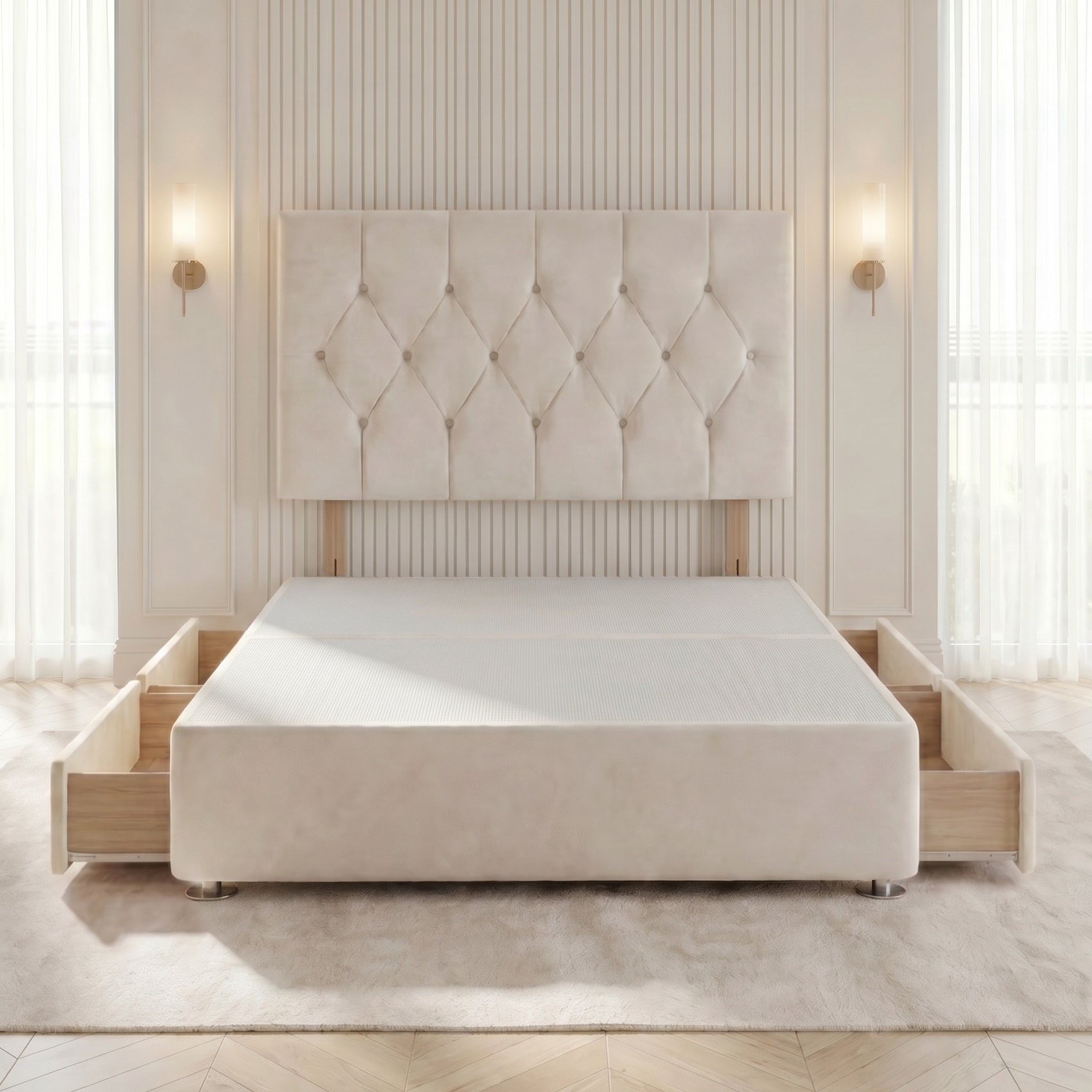 Somnior Chester Velvet King 4 Drawer Divan Bed with Headboard - Ivory