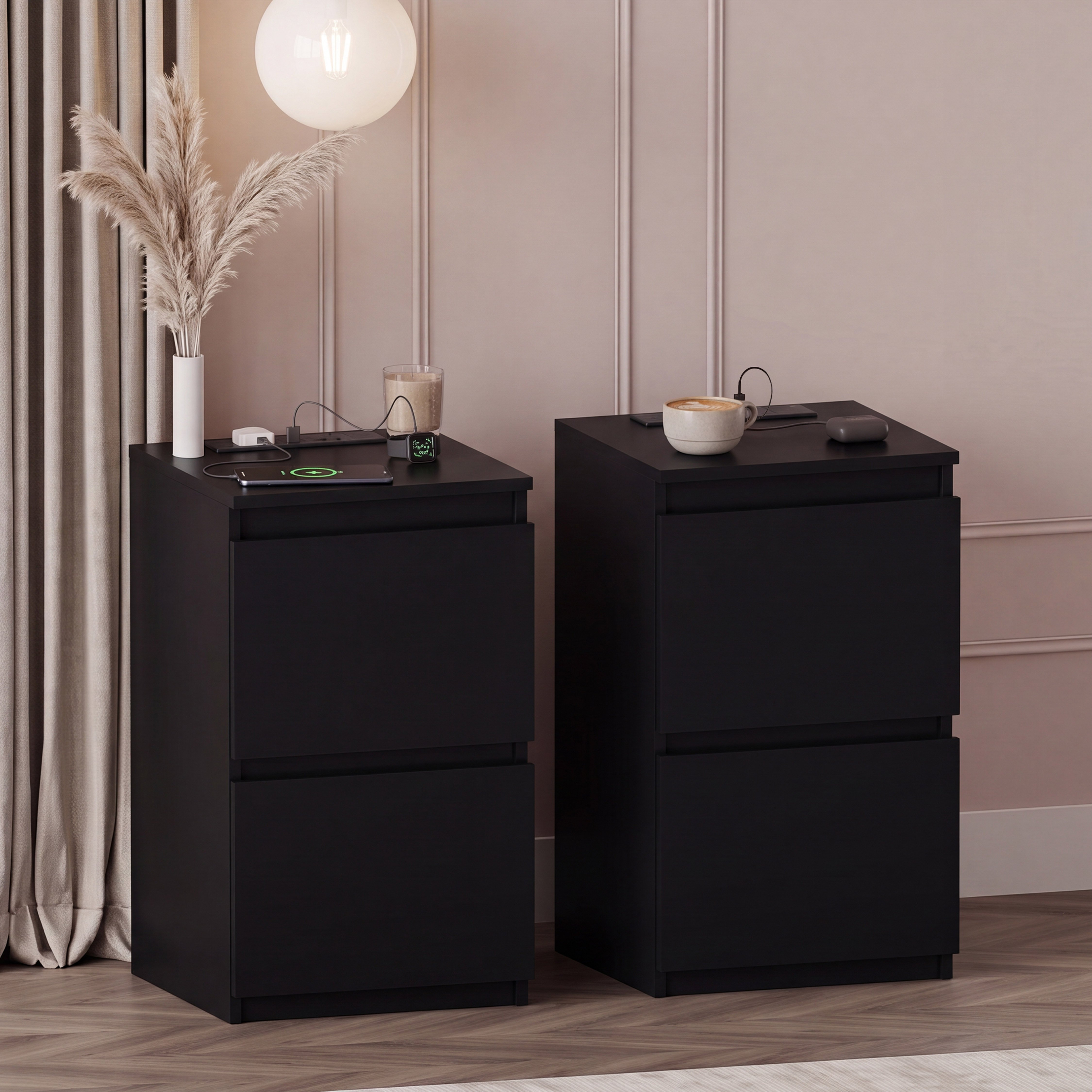 Vida Designs Denver 2 Drawer Bedside Chest With Power Outlet Set of 2 - Black