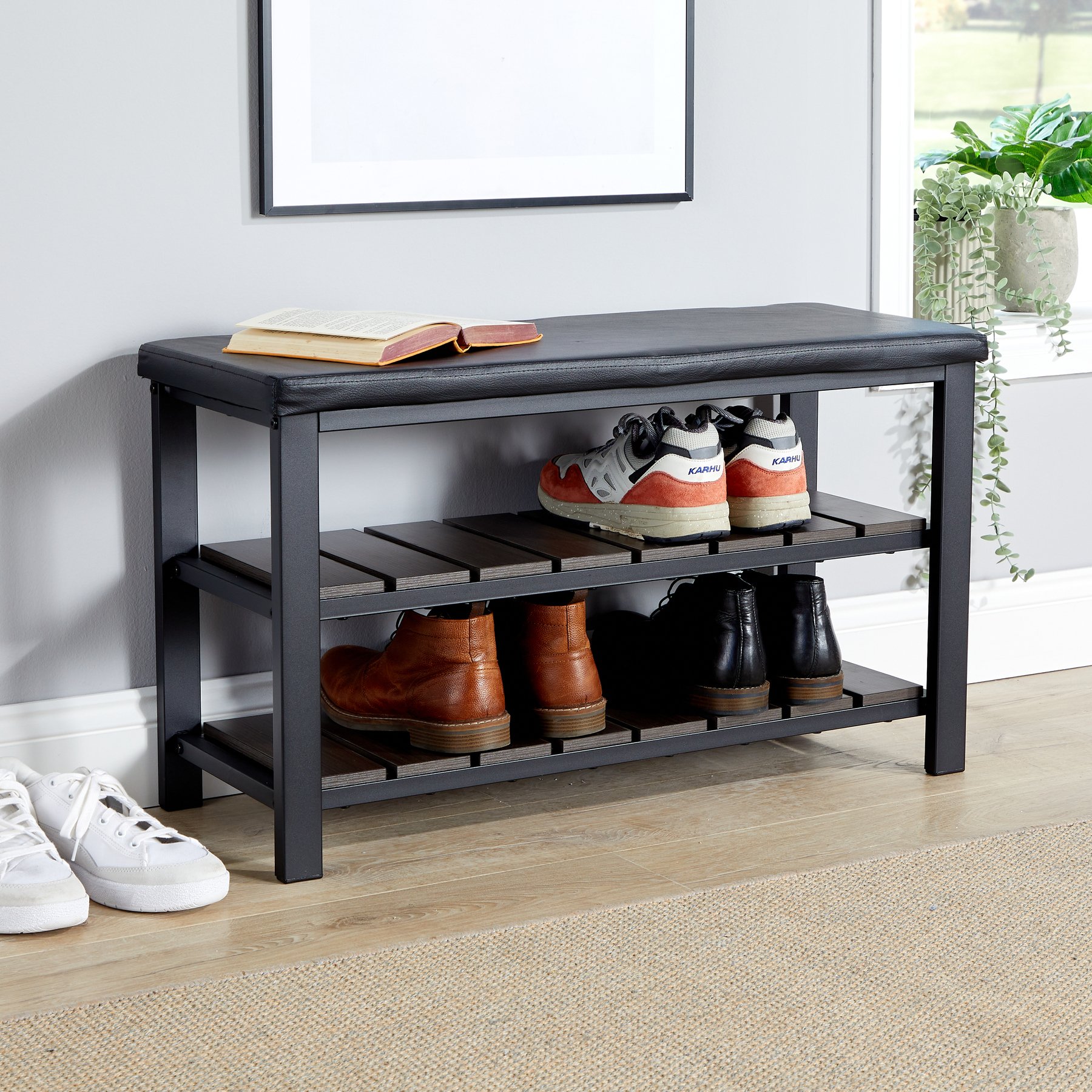 Home Source Spalding 2 Shelf Shoe Storage Bench – Black