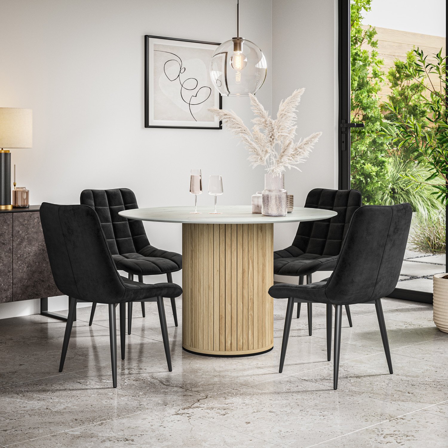 Furniture Online Arlo Nova Marble Top w Oak Legs Dining Table & 6 Black Chairs