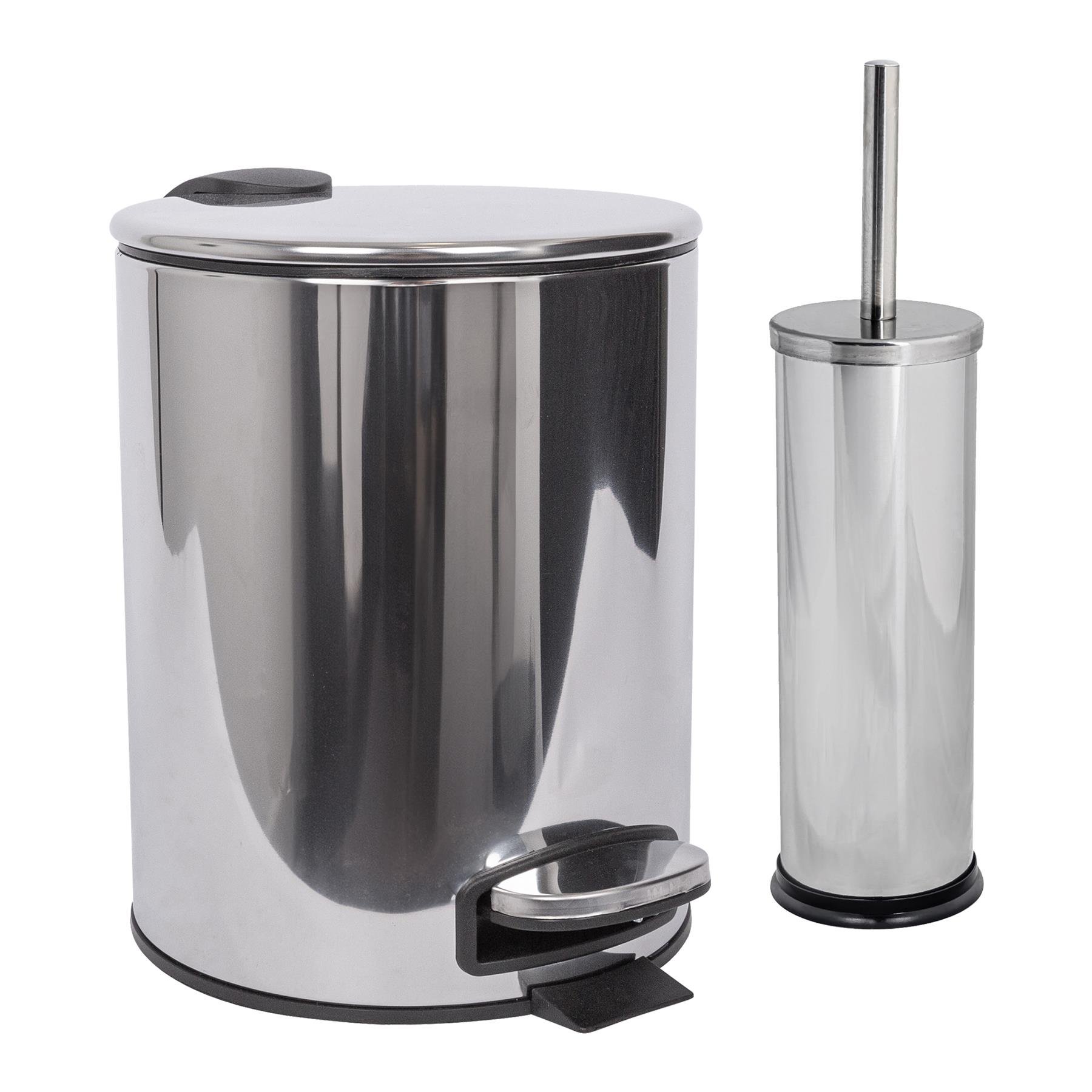 Harbour Housewares Stainless Steel Pedal Bin & Toilet Brush Set - 5L - Chrome