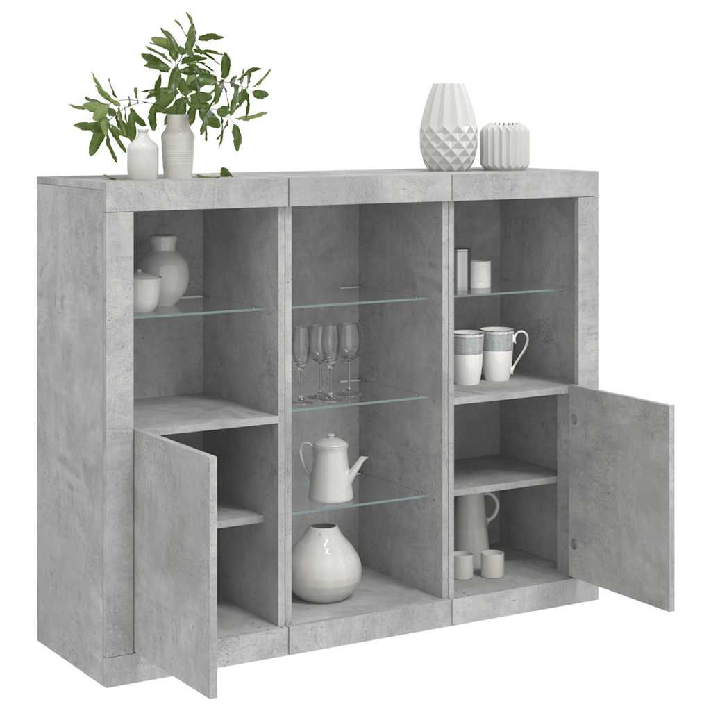 Walplus Pack of 3 LED Sideboard - Concrete Grey - 123 x 37 x 100 cm