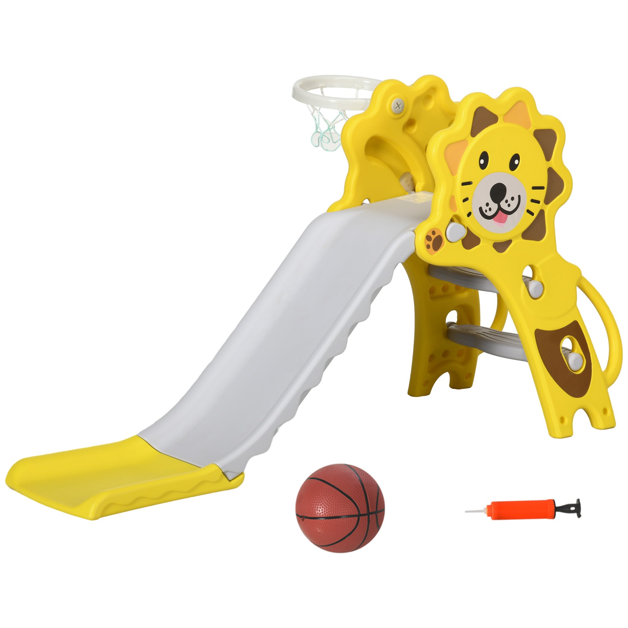 AIYAPLAY 3 In 1 Lion Theme Toddler Slide with Basketball Hoop – Yellow
