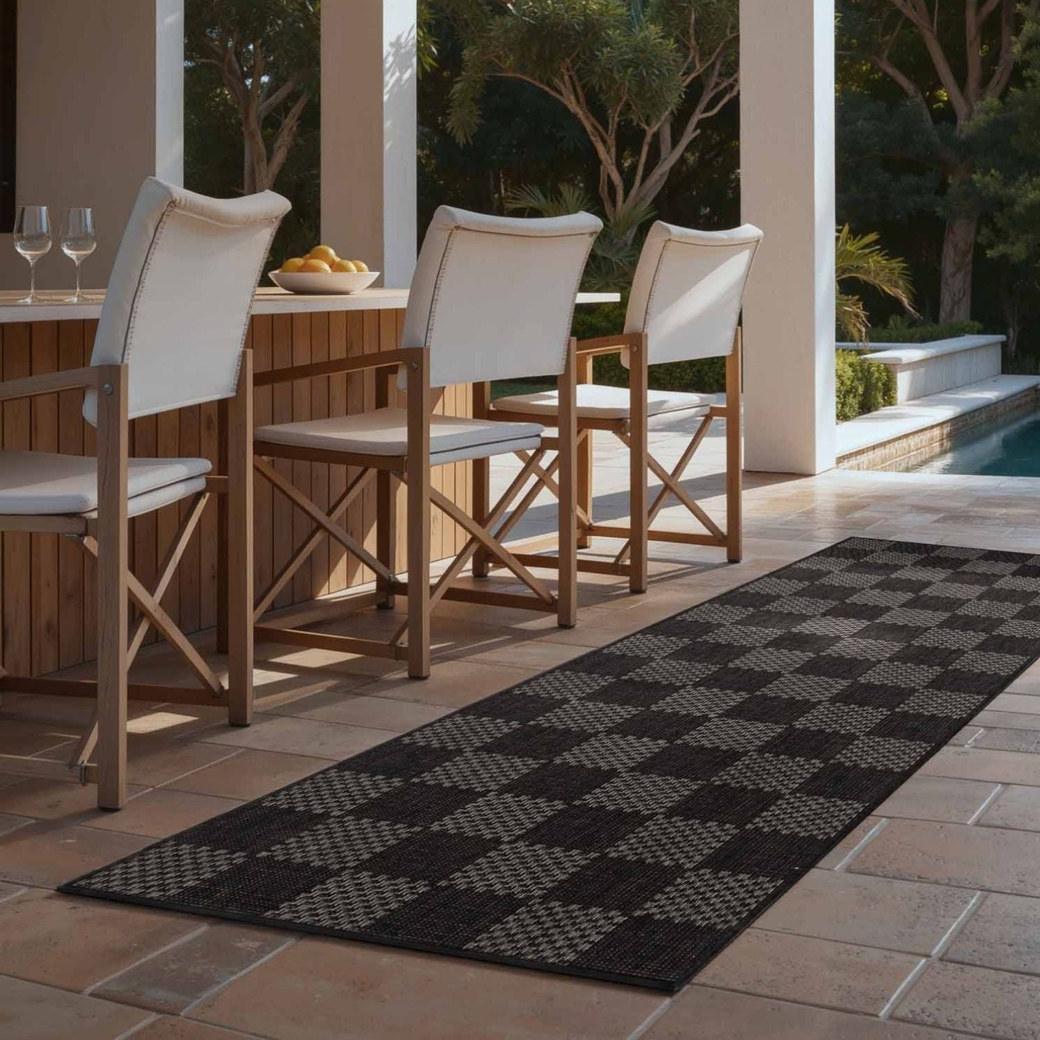 Ted Baker Black Dorothy Indoor Outdoor Checkerboard Runner Rug - 80 x 200cm