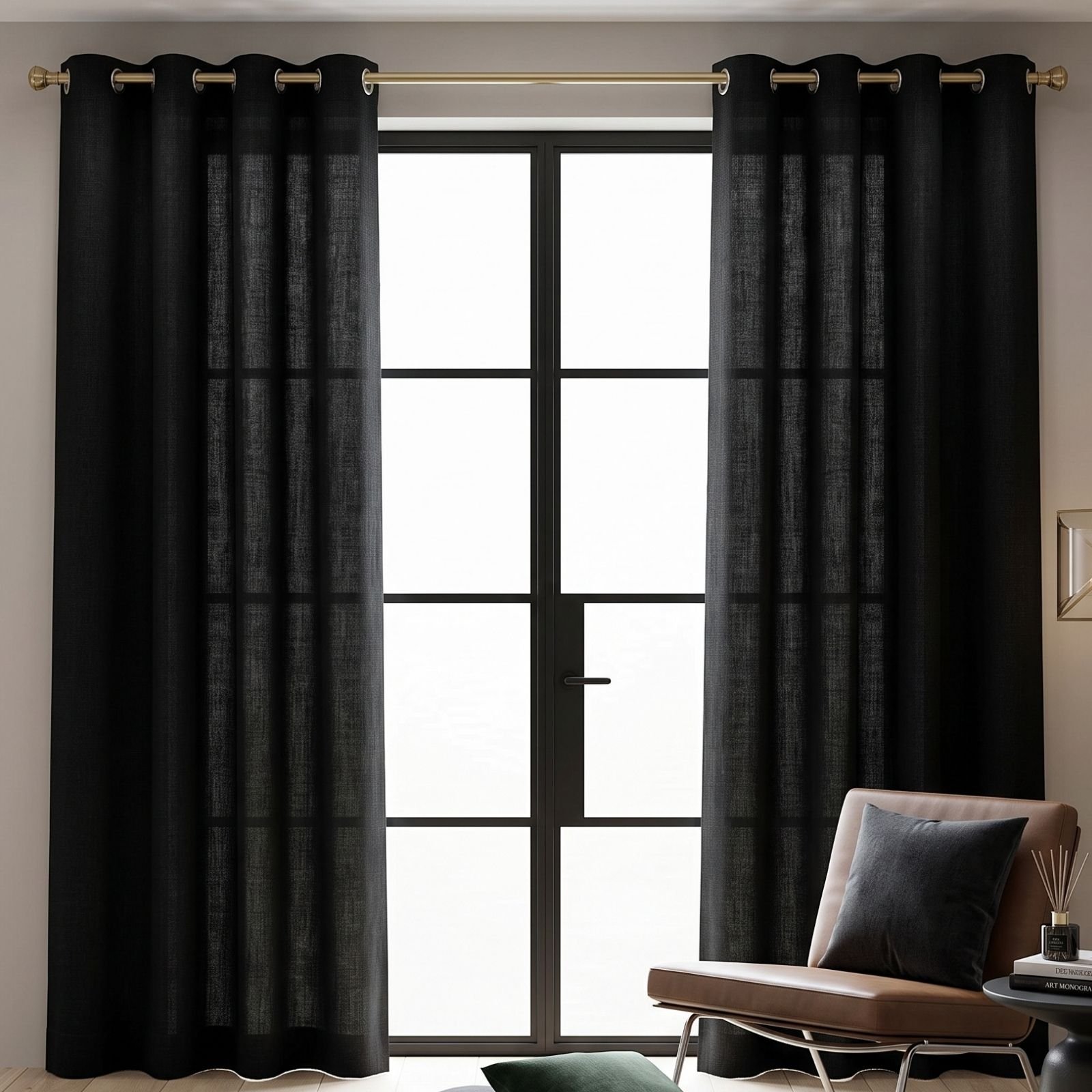 Homescapes Black Plain Cotton Eyelet Curtains - 117cm x 137cm