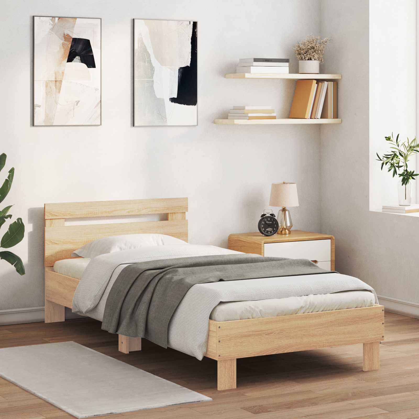 Walplus Engineered Wood Single 1 Drawer Headboard Bed Frame - Sonoma Oak
