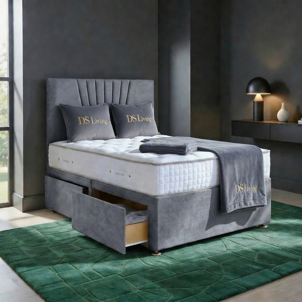DS Living Elysian King Size 4 Drawer Upholstered Divan Bed Frame - Silver
