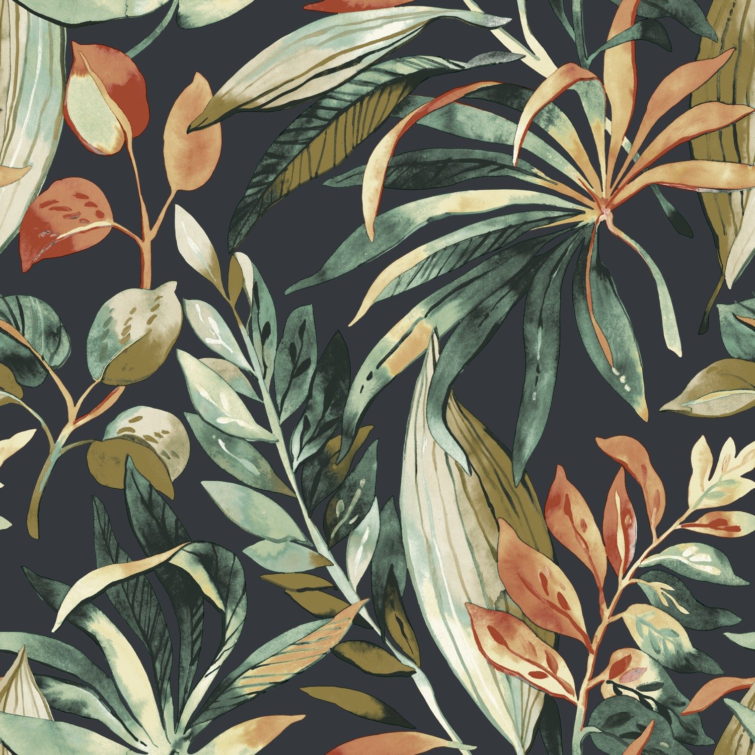 Grandeco Inky Palm Botanical Jungle Textured Wallpaper - Black Green Orange