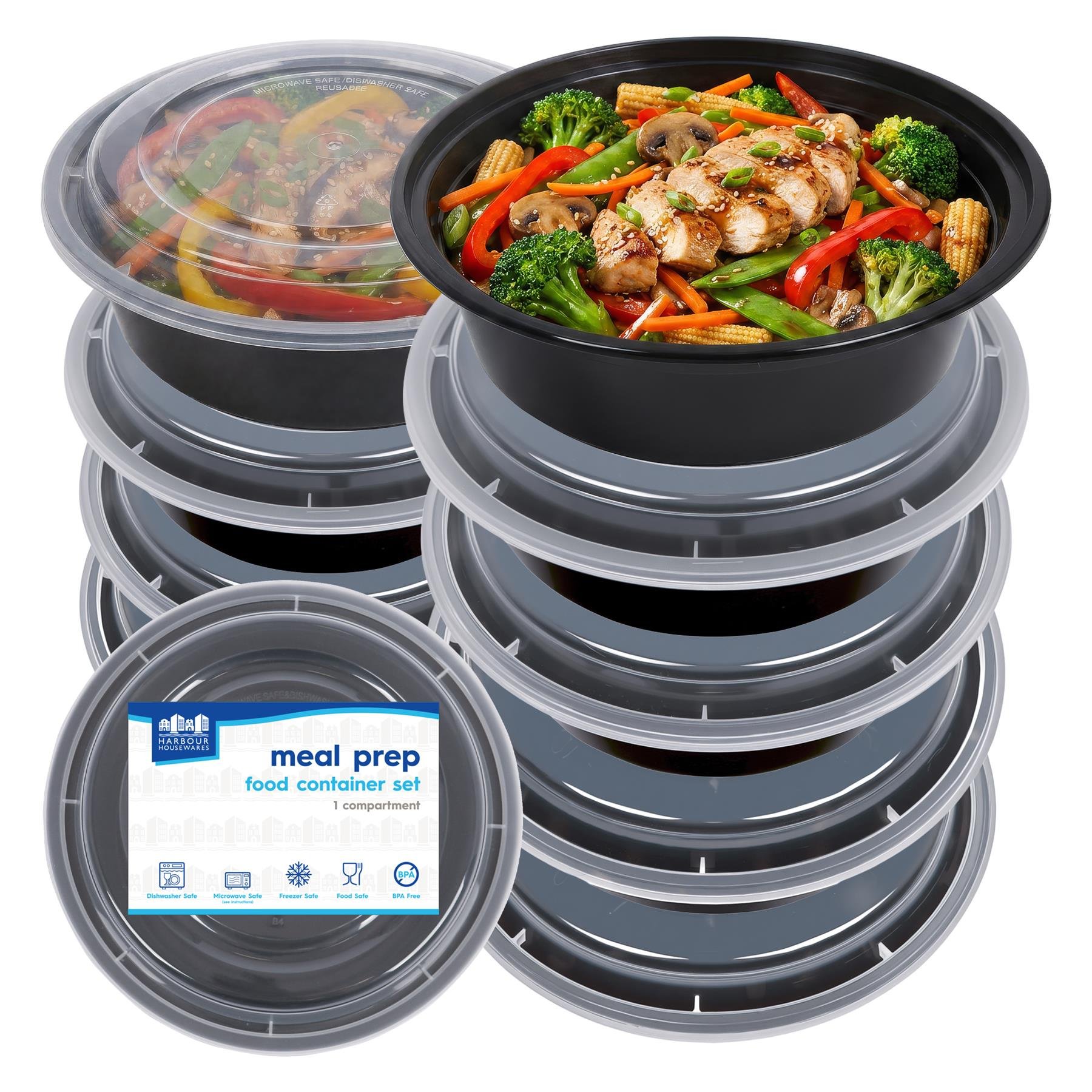 Harbour Housewares Round Reusable Meal Prep Containers (880ml) - Pack of 10