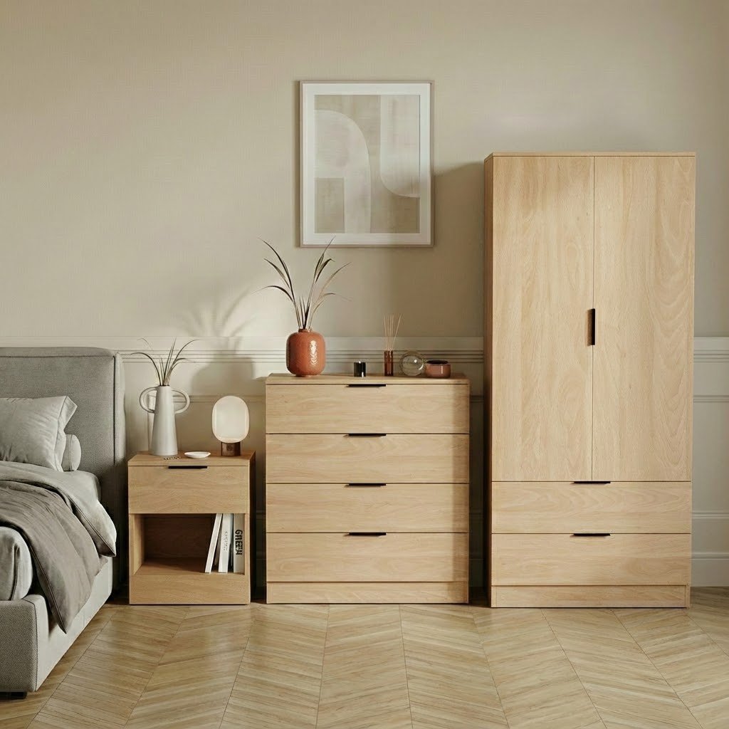 Vida Designs Trega Bedroom Set (Bedside, 4 Drawer Chest, 2x2 Wardrobe) - Pine