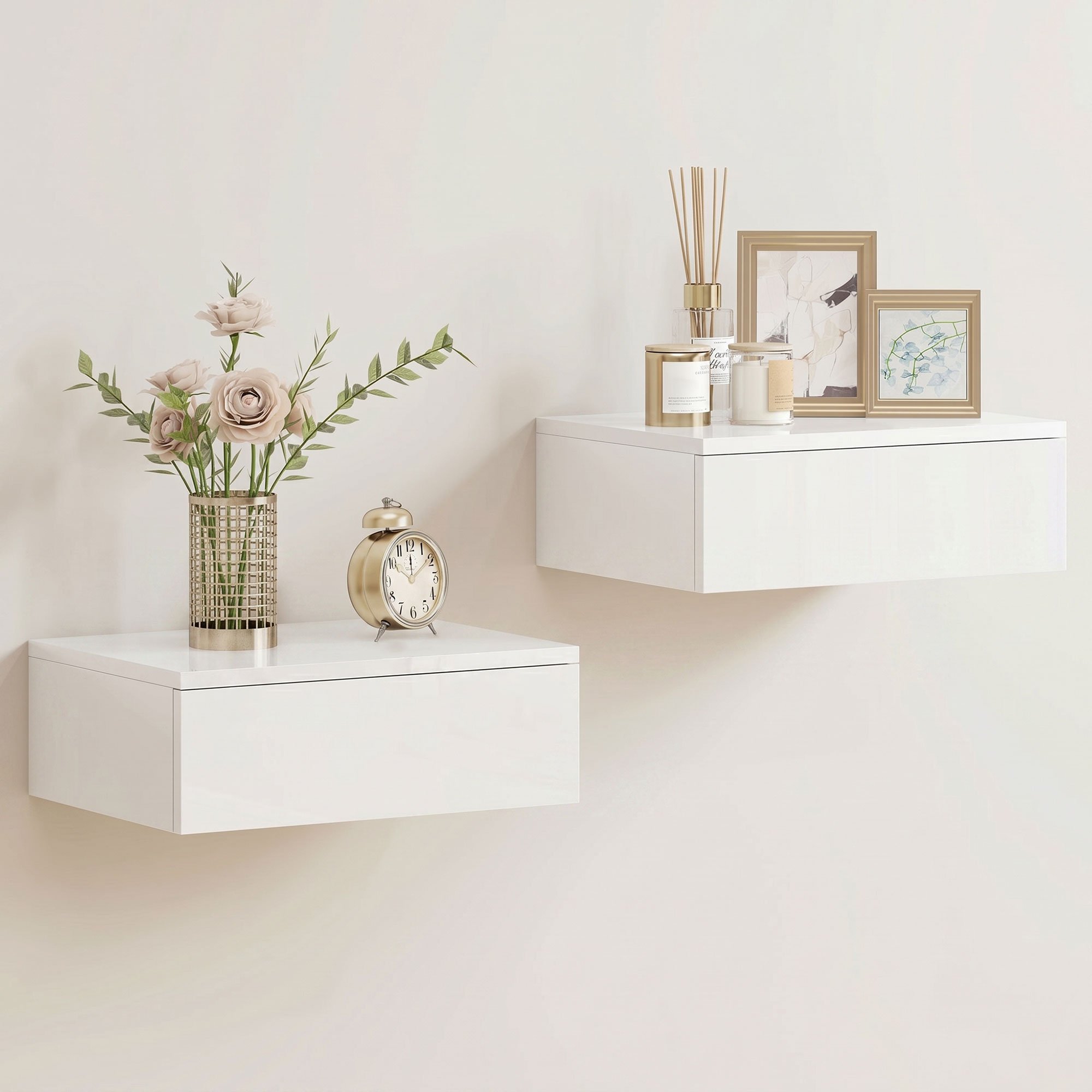 HOMCOM Set of 2 Floating Bedside Table with Storage Drawer - White