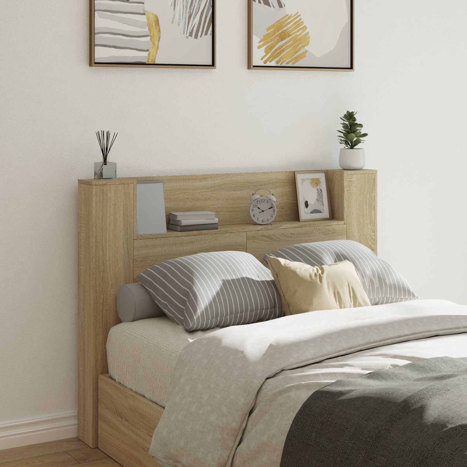 Walplus Wood LED Storage Headboard - Light Oak - 140 x 16.5 x 103.5 cm
