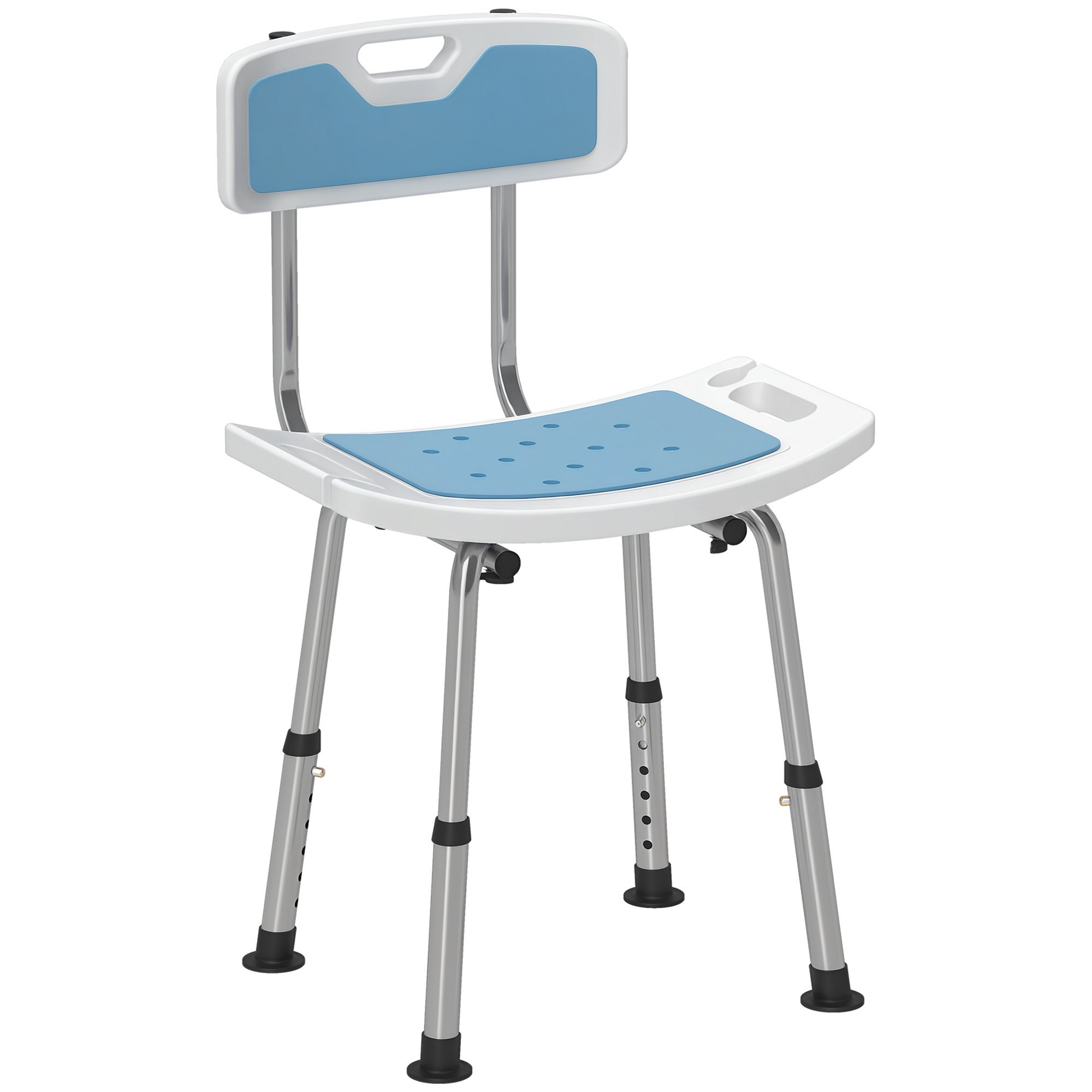 HOMCOM Height Adjustable Shower Chair with Backrest and Curved Seat - Light Blue