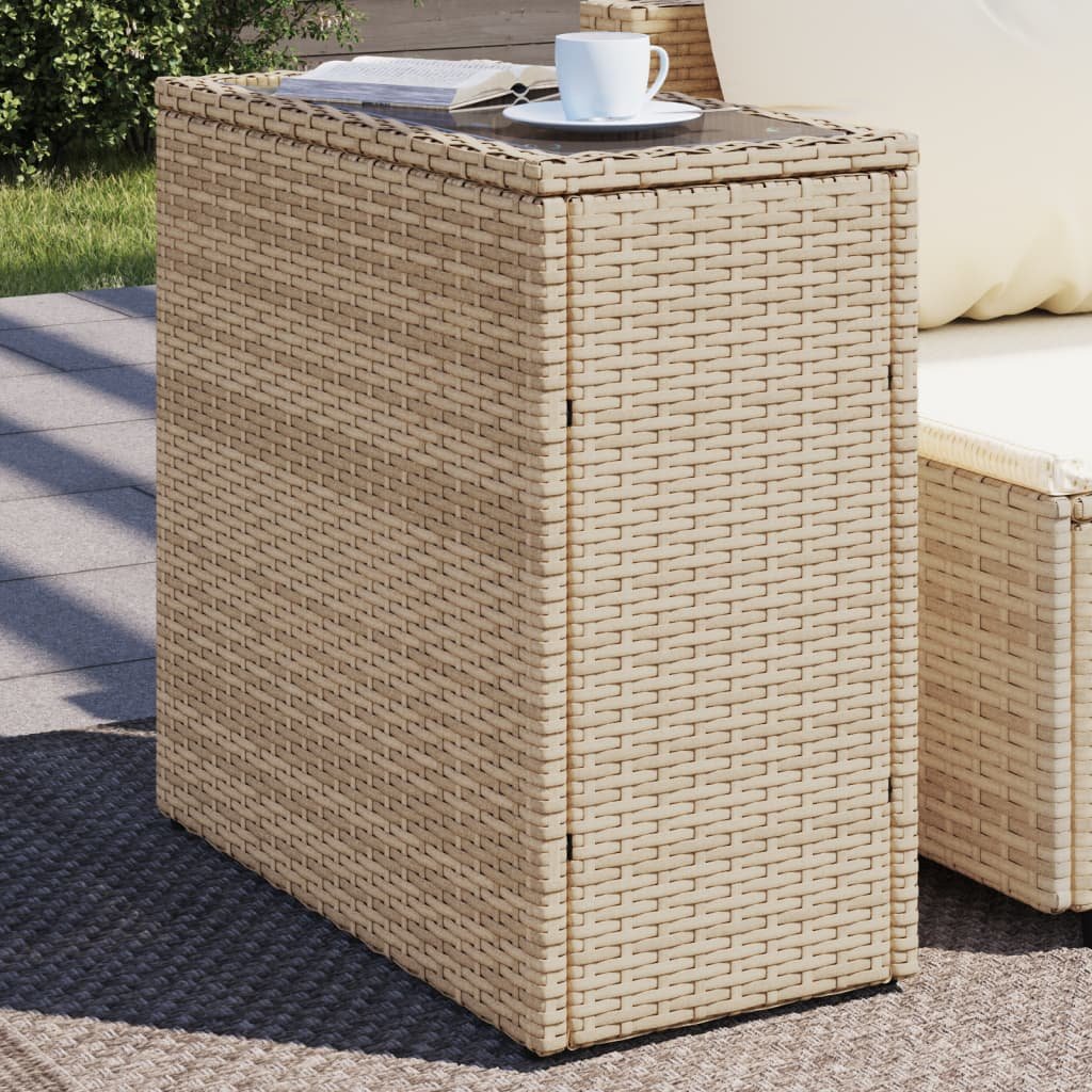 Walplus Poly Rattan Garden Side Table with Glass Top - Beige - 58 x 27.5 x 55 cm