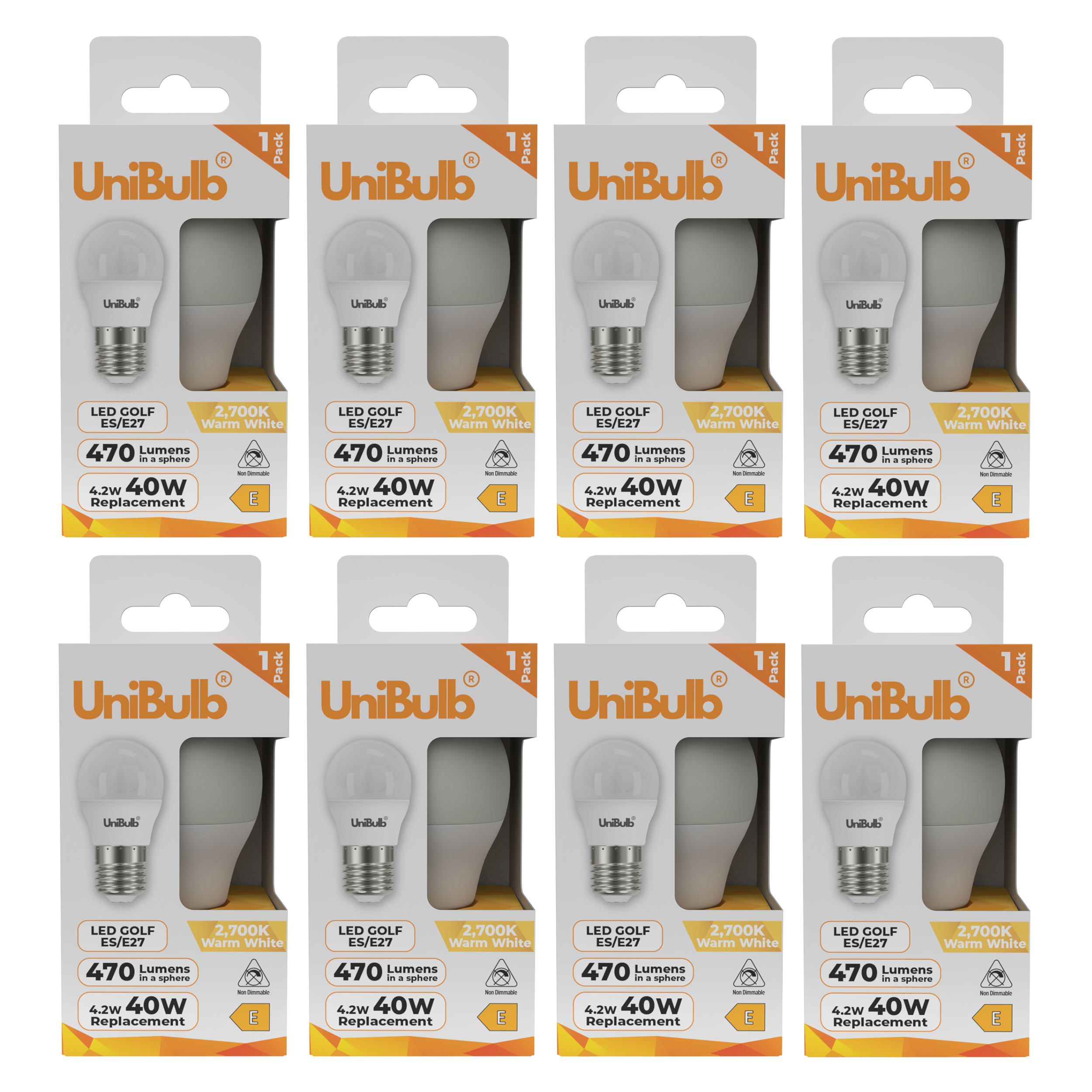 UniBulb 4.2W LED Warm White Golf Ball E27 Light Bulb - Pack of 8