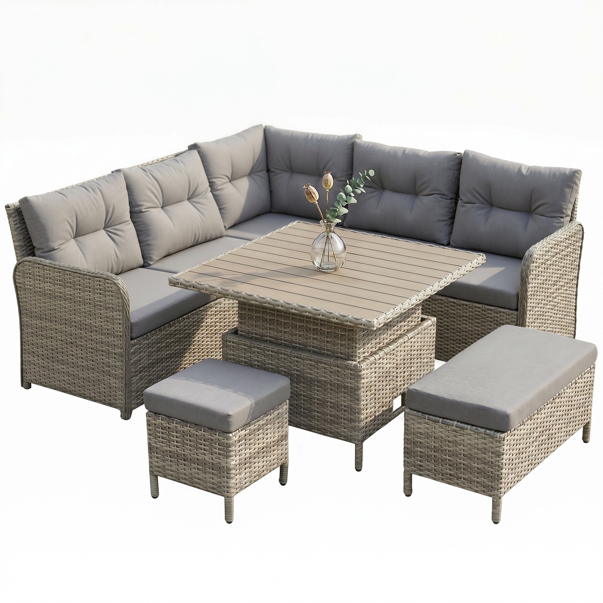 Outsunny 6 Piece 7 Seater Rattan Corner Furniture Set - Light Grey