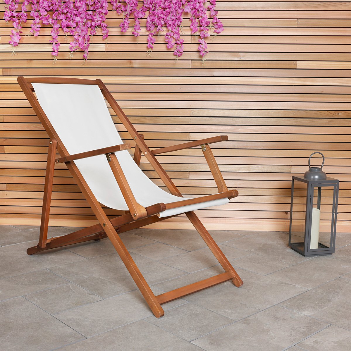 Charles Bentley FSC Eucalyptus Wooden Deck Chair Sun Lounger – Cream