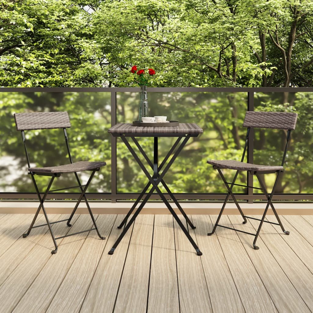 Walplus 3 Piece Poly Rattan Folding Bistro Set - Grey - 40 x 45 x 79 cm