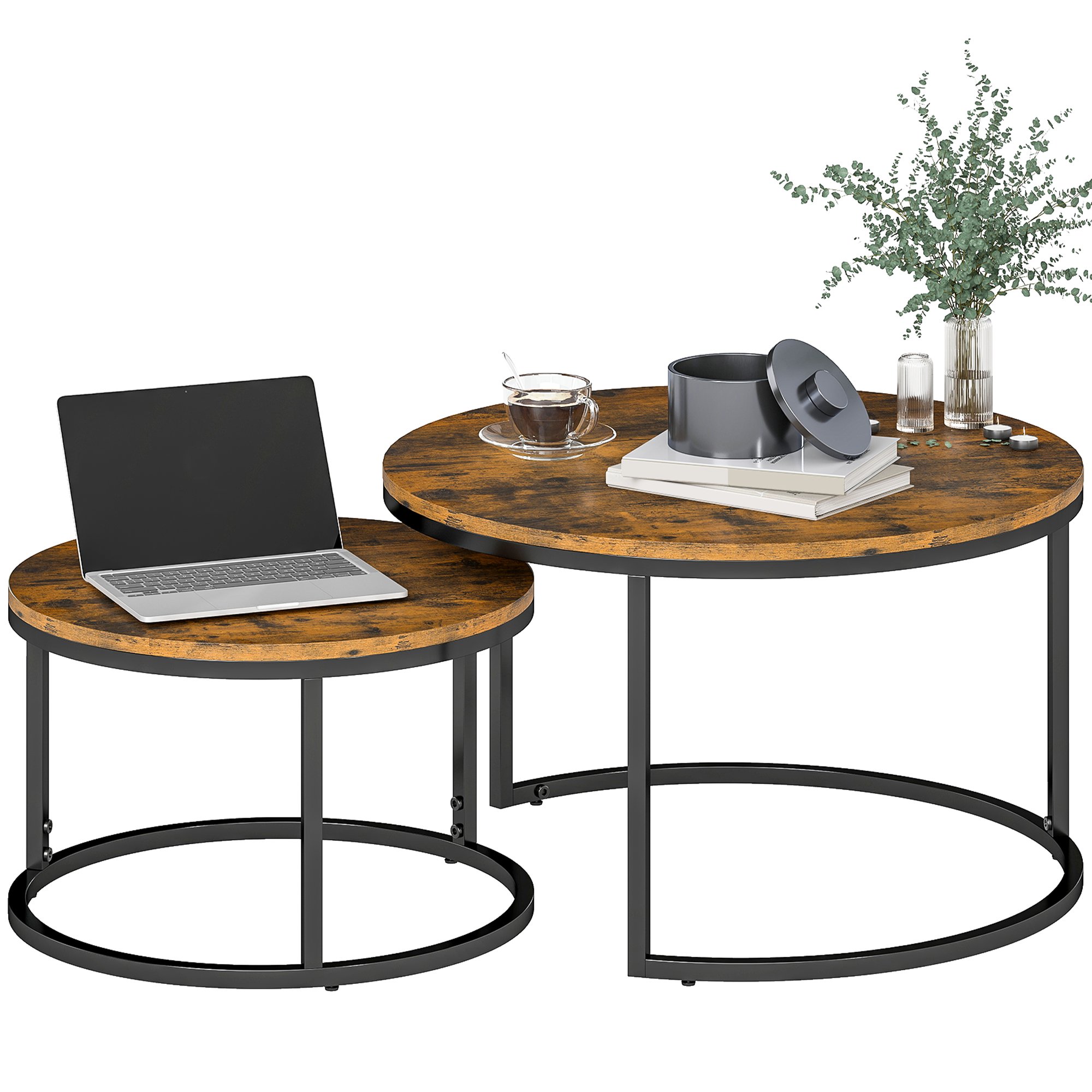 HOMCOM Set of 2 Round Coffee Table with Steel Frame - Rustic Brown
