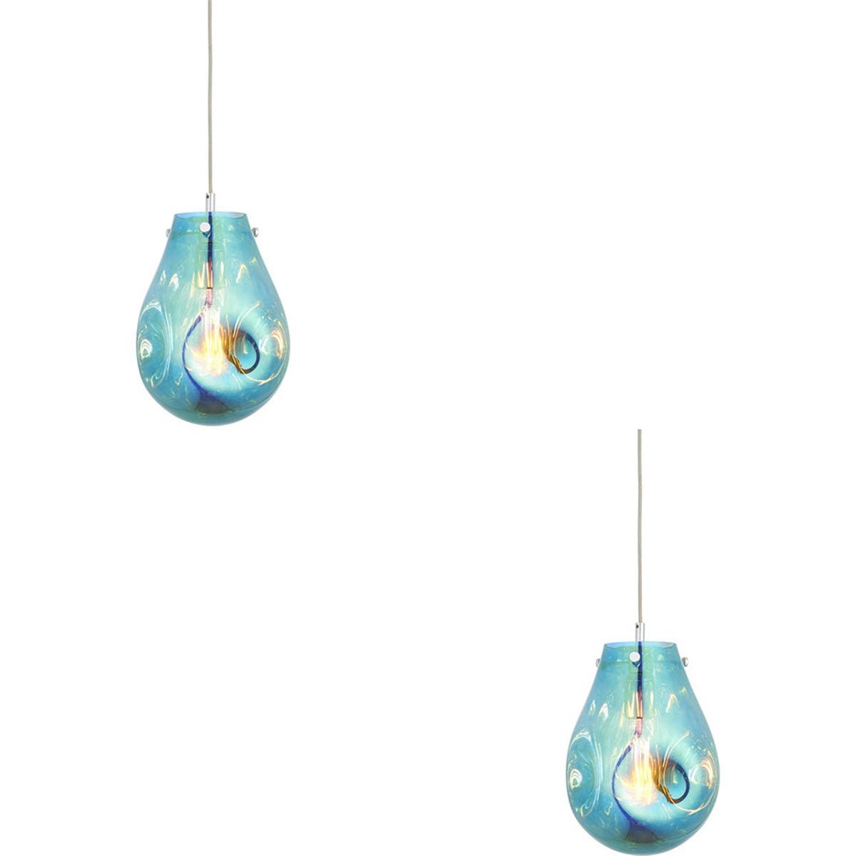 Loops Direct Set of 2 Glass and Chrome Pendant Lights - Petrol Blue Metallic