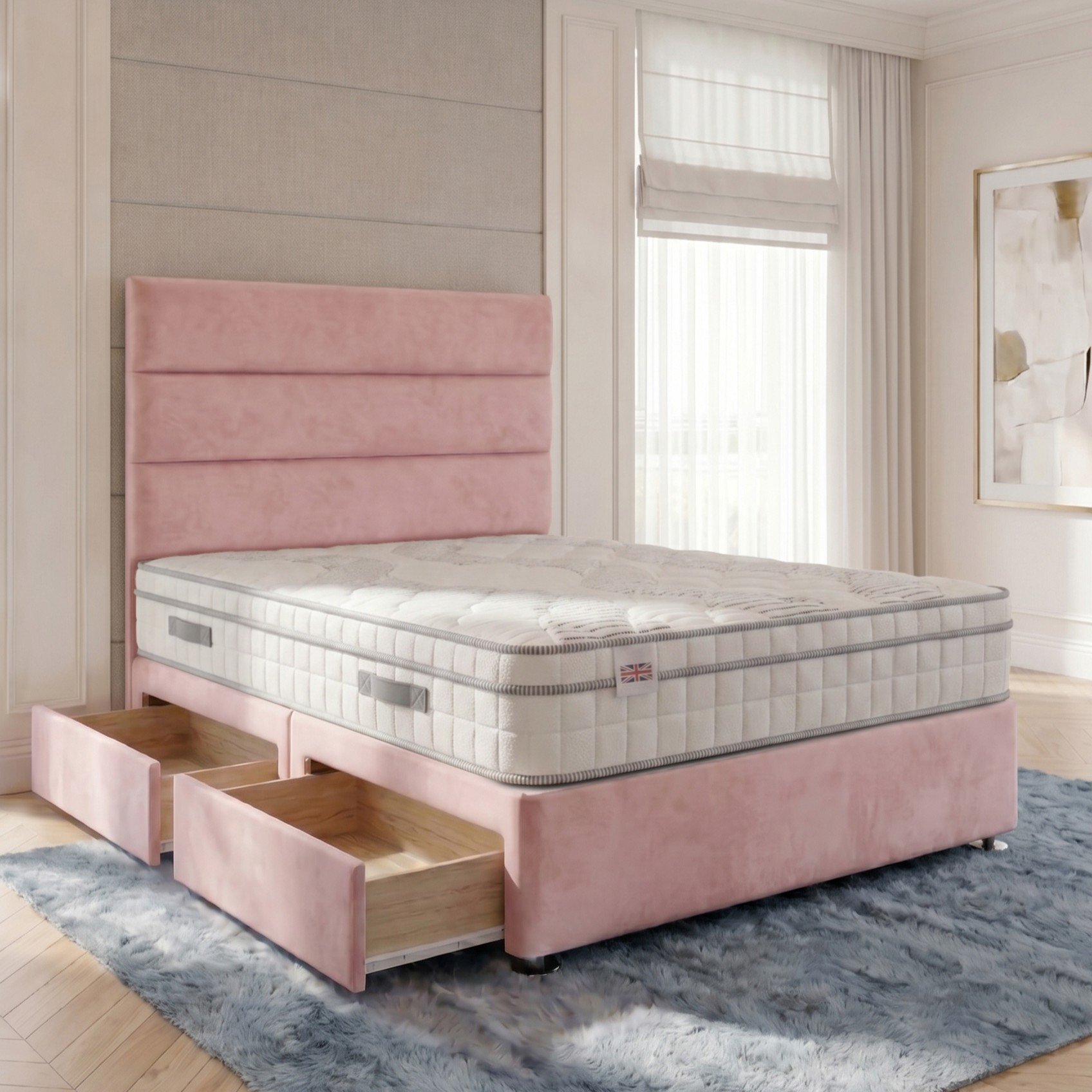 Somnior Regent Velvet Small Single 2 Draw Pocket Mattress Divan Bed Set - Pink