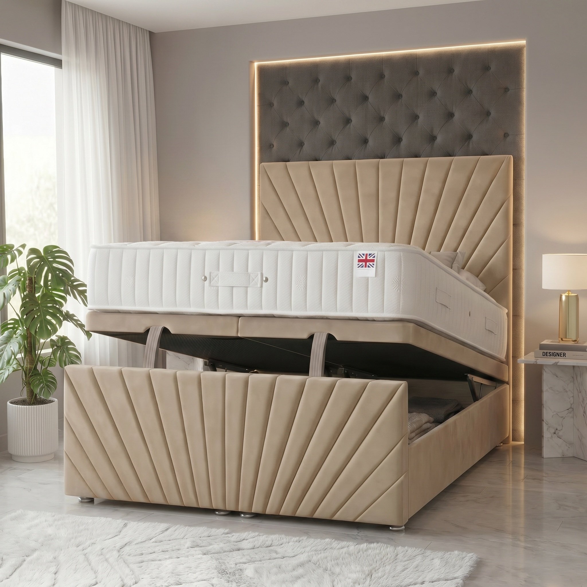 Somnior Velvet King Ottoman Divan Bed with Memory Mattress - Beige