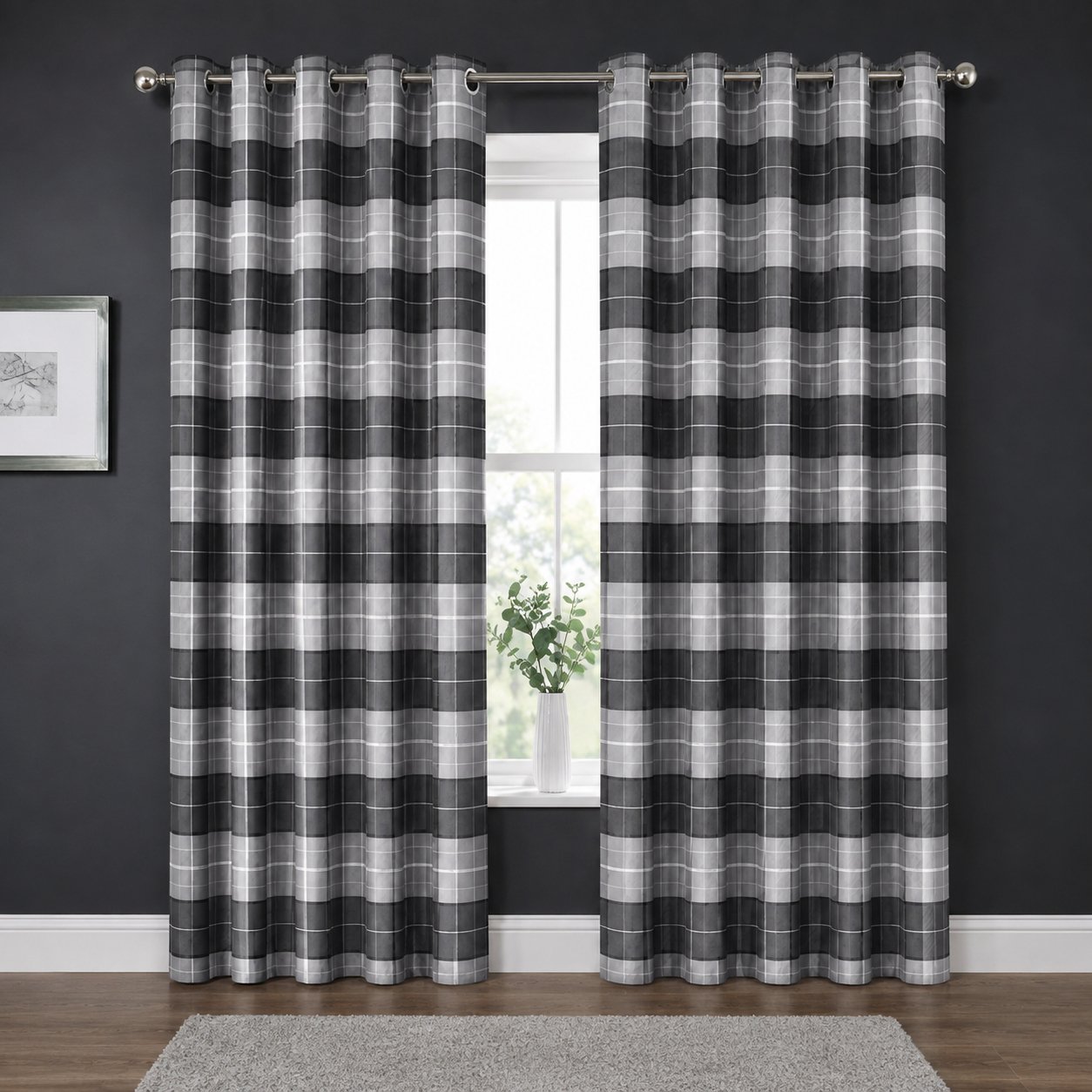 New Edge Blinds Grey Printed Check Eyelet Curtains - 228cm x 229cm