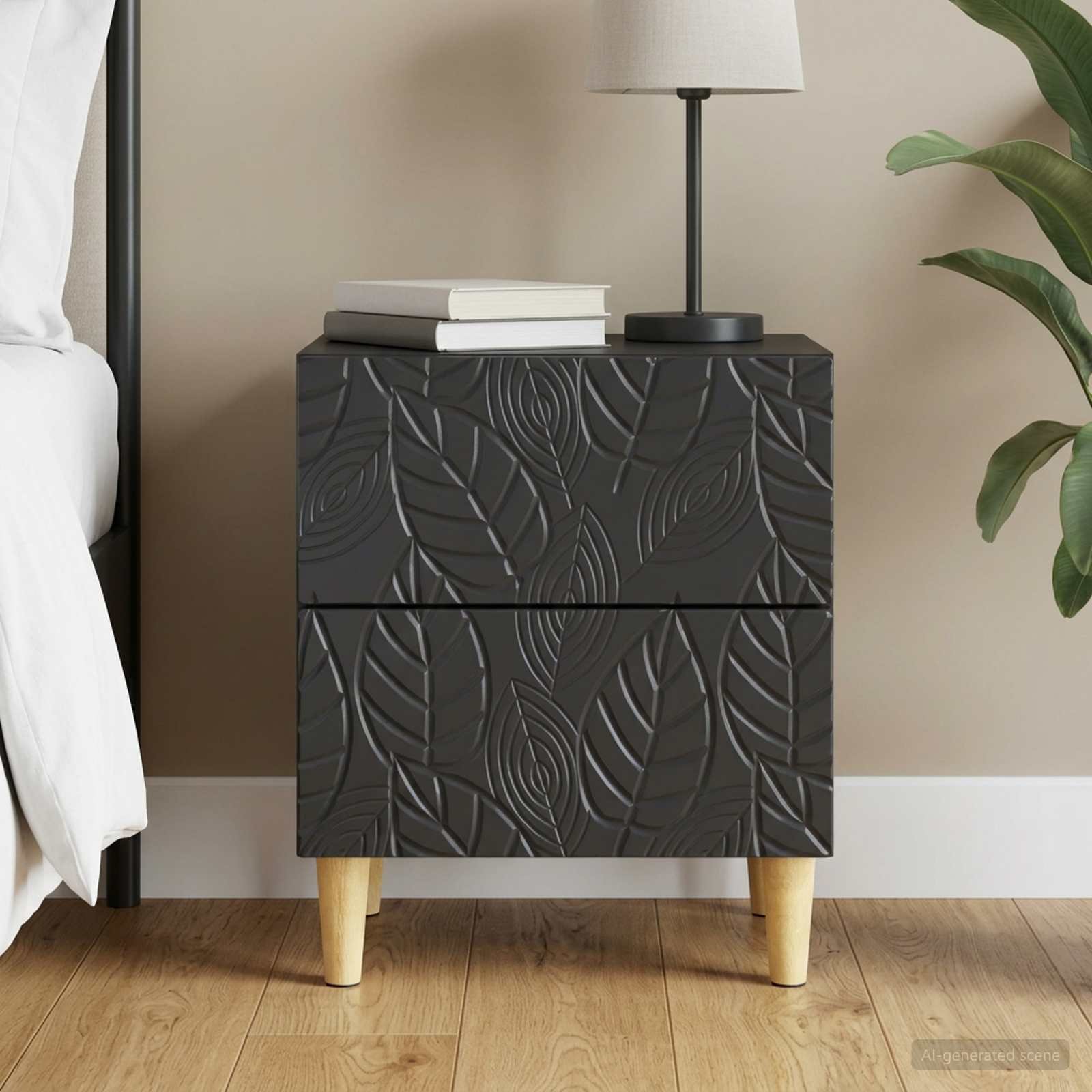 Walplus 2 Drawer Engineered Wood Bedside Table - Black - 43 x 34.5 x 48 cm
