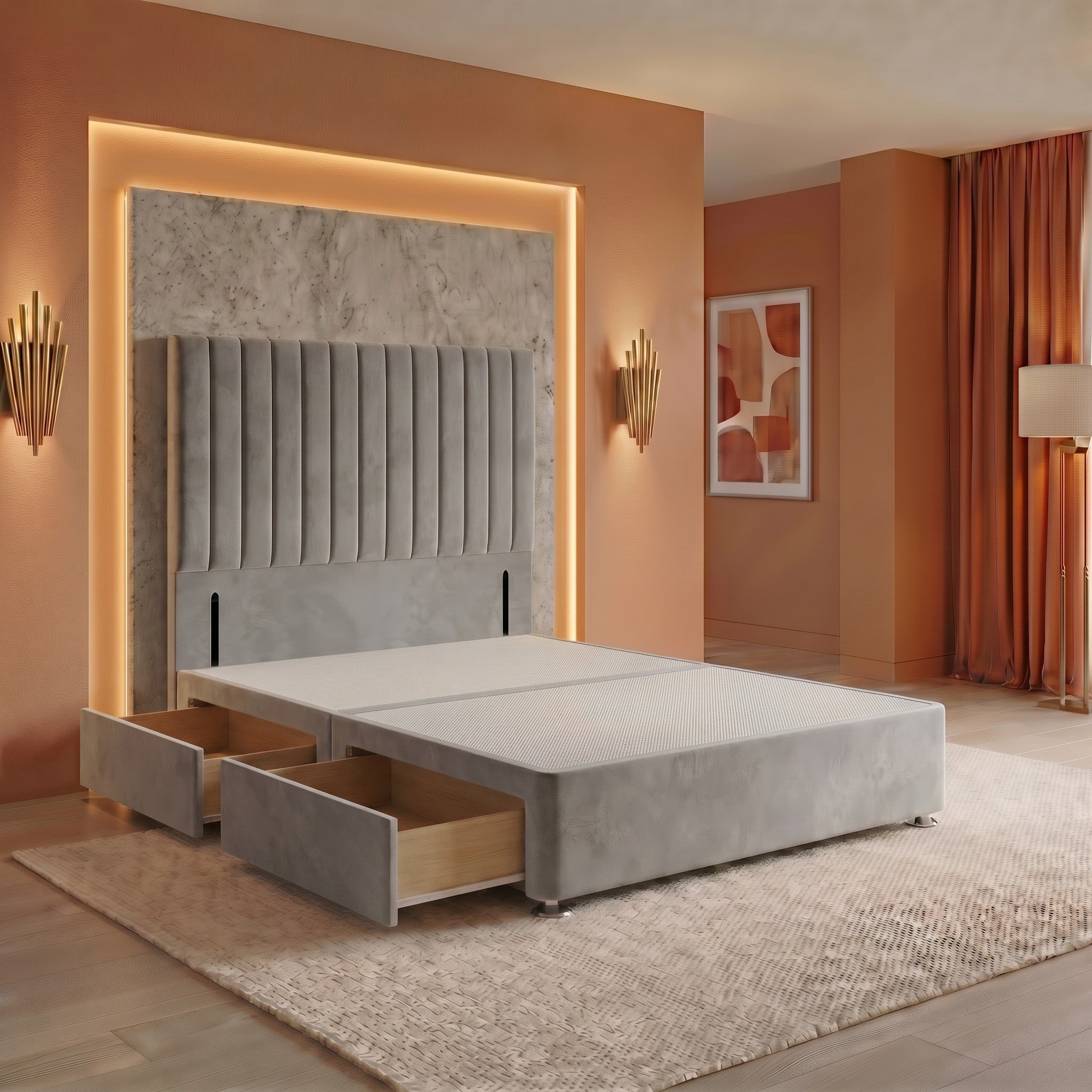 Somnior Heritage Velvet Single 2 Drawer Divan Bed Base & 54" Headboard - Silver